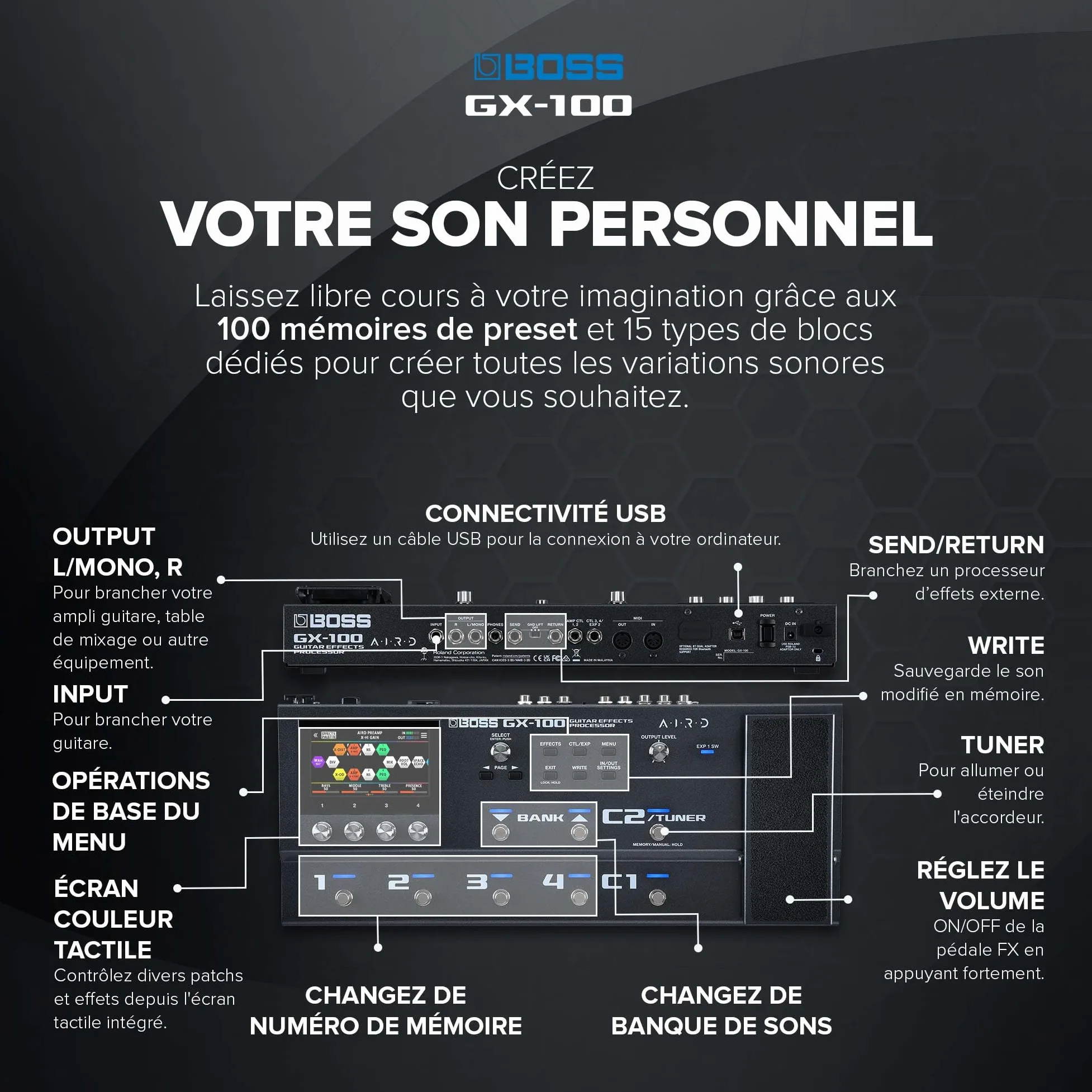 BOSS GX-100 | Processeur d'effets évolué pour guitare | Sons authentiques d'amplis à lampes grâce à la technologie AIRD | 32 types d'ampli et plus de 170 effets BOSS