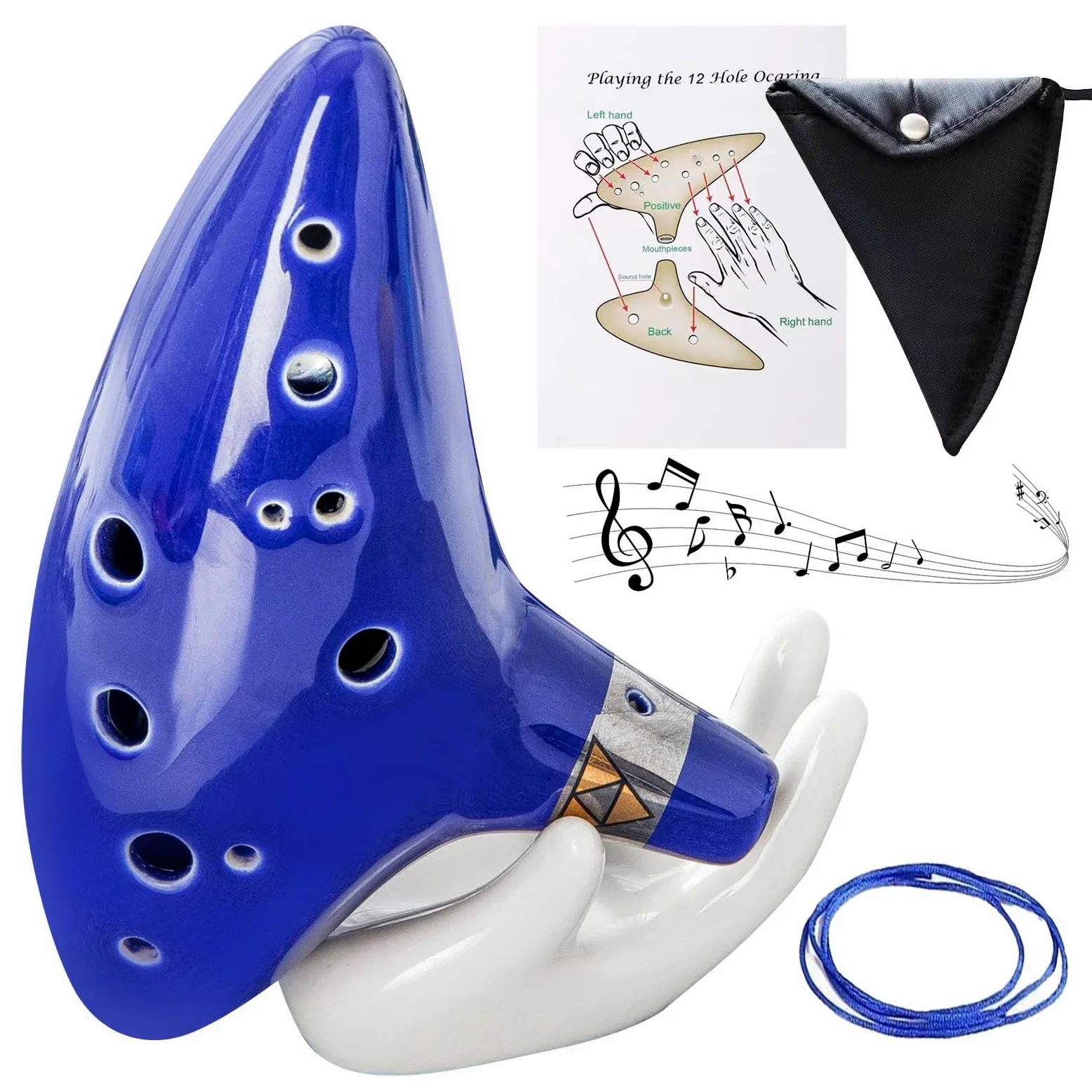 Nizirioo Ocarina, 12 Trous Alto C Ocarina, Céramique Piccolo Instrument Avec Présentoir En Forme De Main, Sac De Protection, Lanière Tour De Cou Et Livre De Chansons (Bleu)