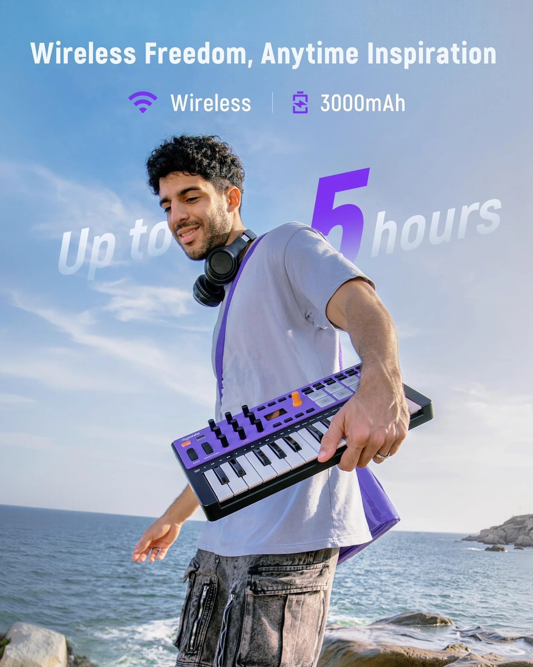 Synido TempoKEY W25 Clavier contrôleur MIDI USB C 25 touches Connexion sans fil rechargeable avec 8 pads RVB Velocity Écran OLED, MIDI In/Out/Thru, Clavier MIDI professionnel pour production musicale