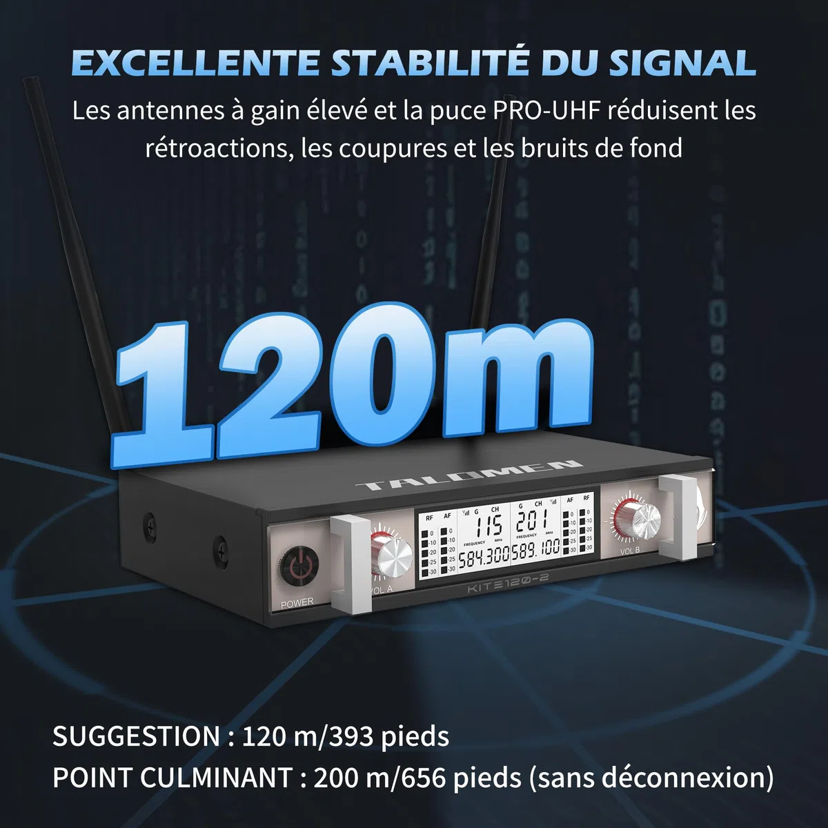 talomen Micro sans Fil UHF, Set de 2 Microphones à Main Dynamiques en Métal, Auto Scan, Portée 120 m, Récepteur Double Canal, Idéal pour Chant, Karaoke, Fête, DJ, Église – K120 Noir