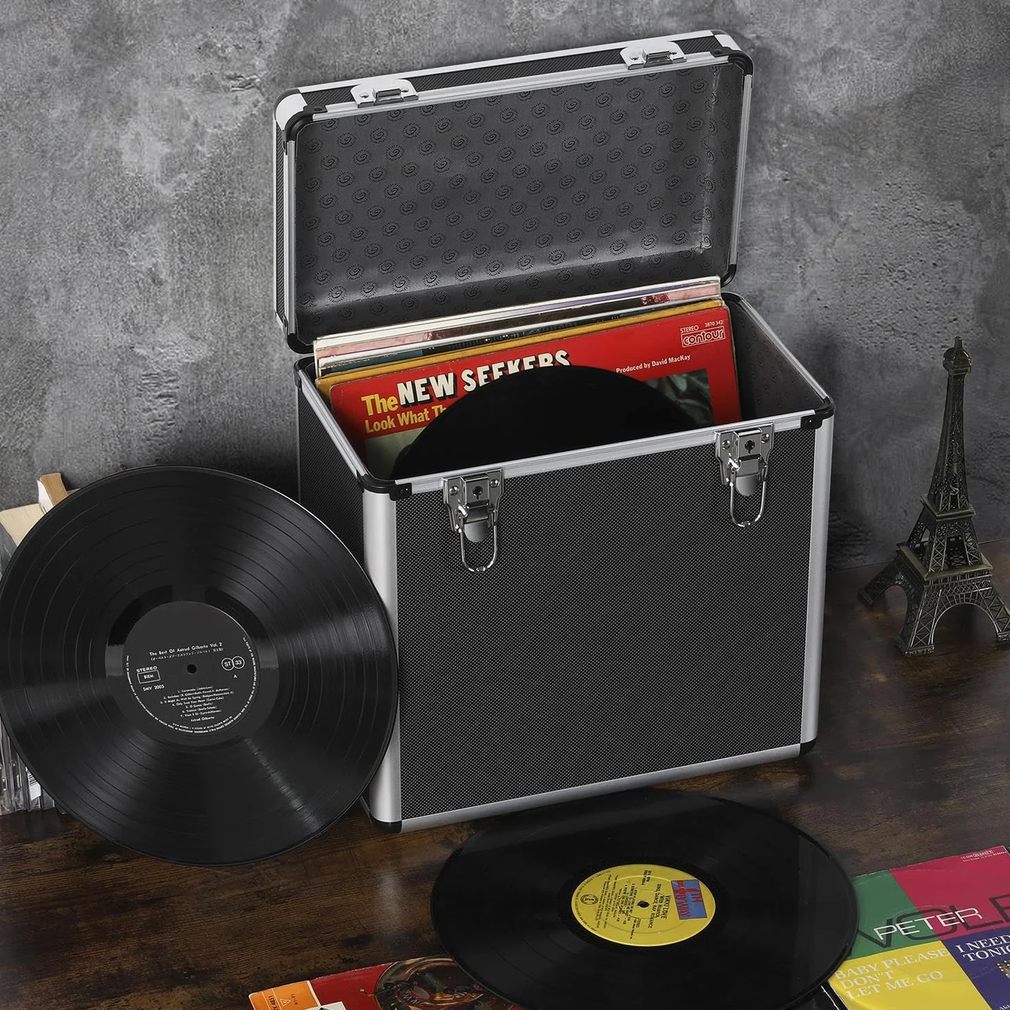Yaheetech Étui pour Disques Vinyles de 33 Tours Mallette de Rangement pour Collection de DJ Valise Vinyles avec Fermeture à Clé pour 50 Albums 35x20x36 cm Noir