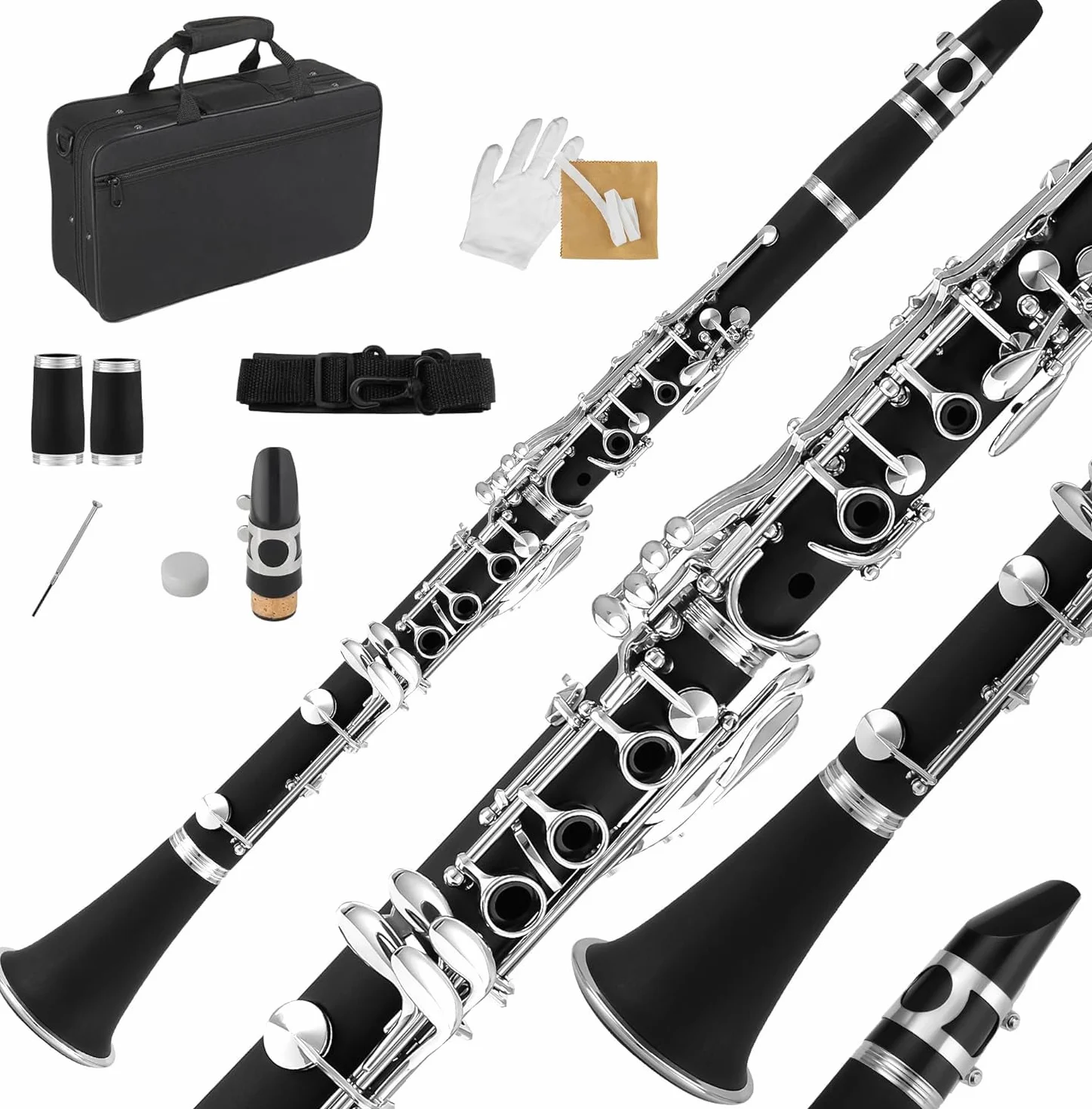 Clarinette Sib, Clarinet 17 Clés en Nickel pour Débutants, Clarinette si Bémol Professionnel ABS avec Étui Rigide, Chiffon de Nettoyage, Gants, Tournevis, Noir
