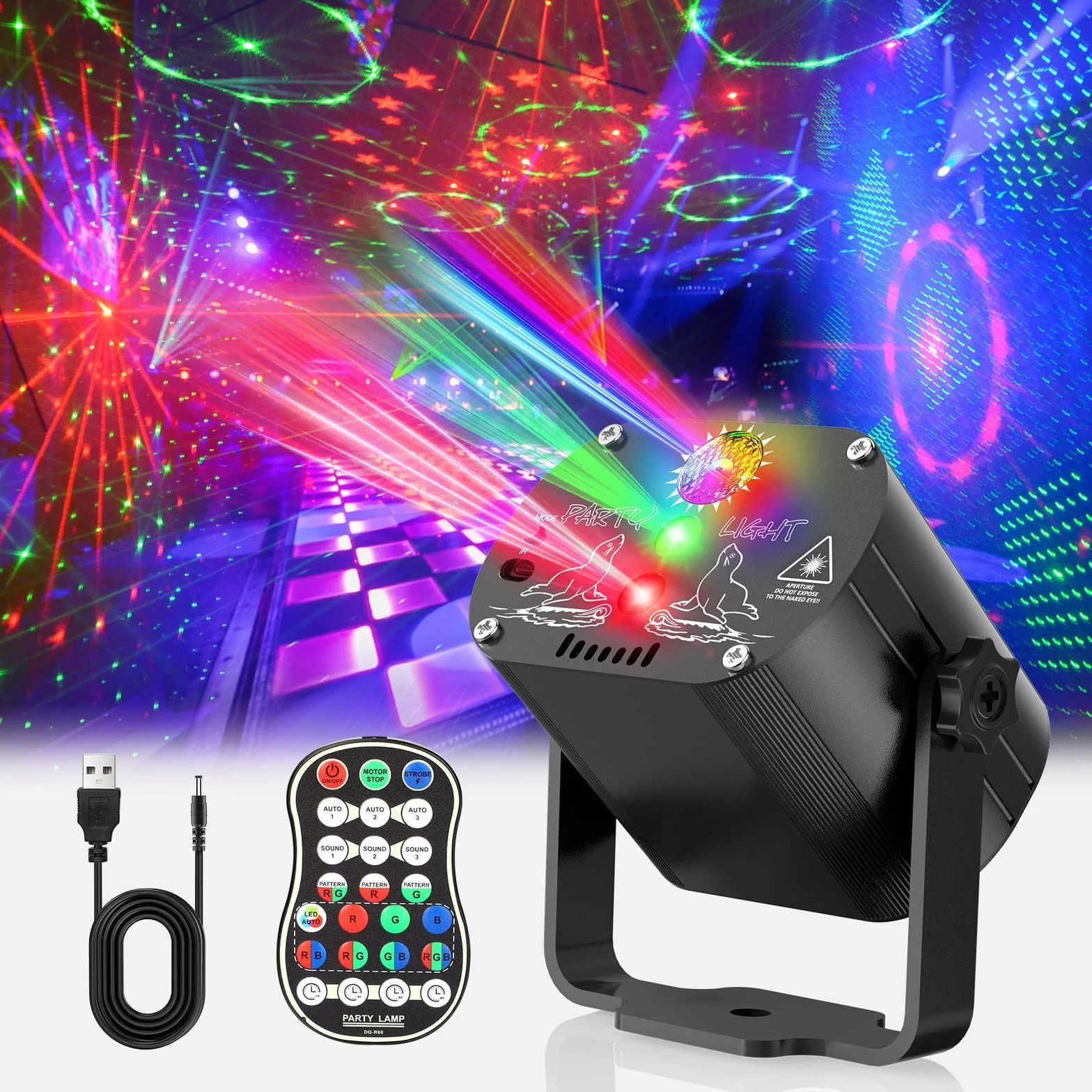 Lampe de Scène, 60 effets lumineux Lumière Disco avec Stroboscope et télécommande, Boule Disco Grand Angle Contrôle de la Musique, Divers Effets RGBW Lumiere Soirée USB Halloween (USB, noir)