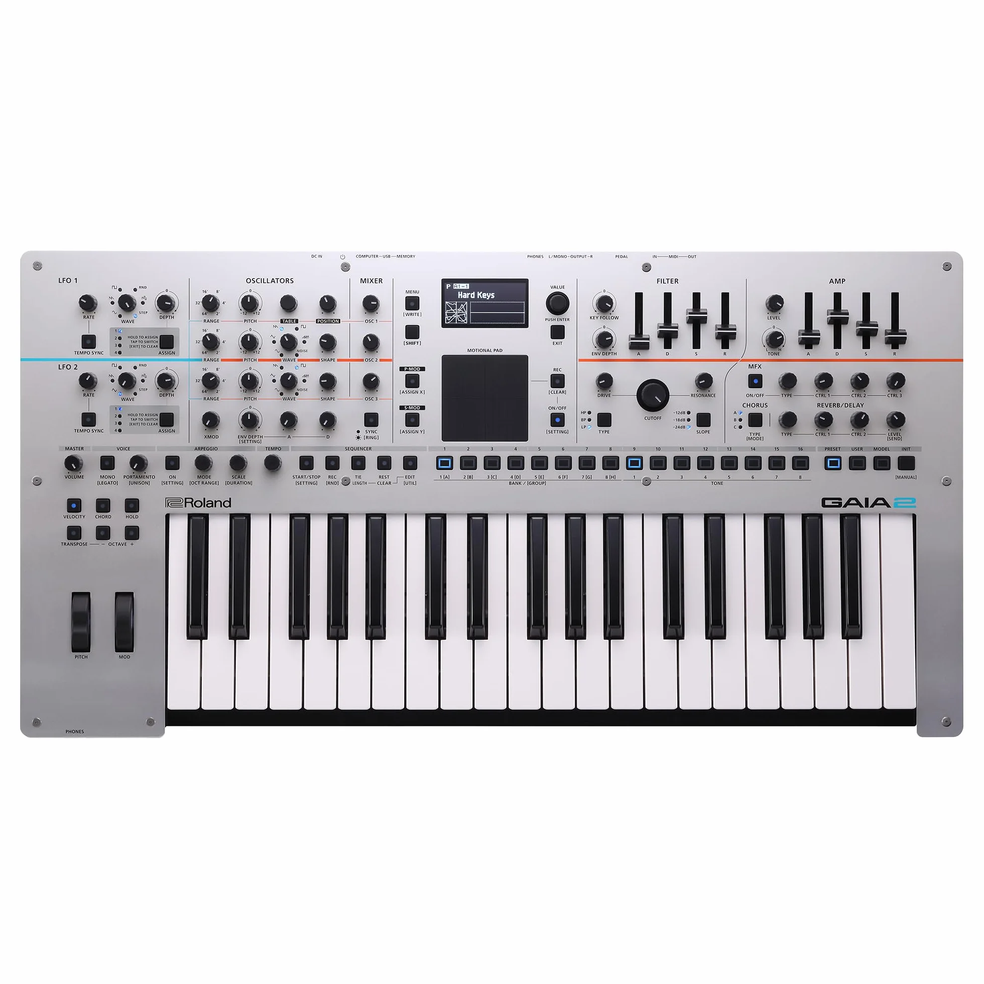 Synthétiseur GAIA 2 Roland au possibilités sonores évoluées | Générateur de sons hybride combinant les synthèses par table d'ondes et analogique virtuelle | Motional Pad intégré