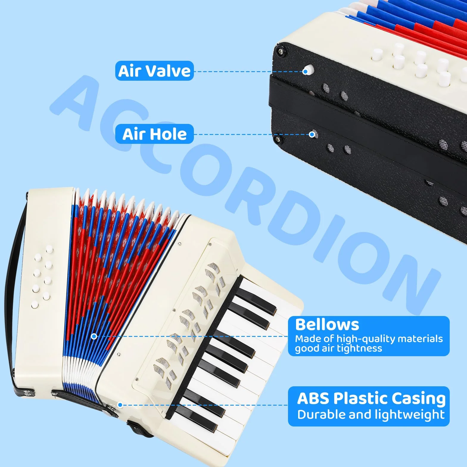 Accordéon pour Enfants,17 Touches 8 Basses,Accordéon Diatonique avec sangles réglables,Accordéons pour adultes et enfants à partir 3 ans,instrument musique harmonica,cadeau pour débutants,Blanc