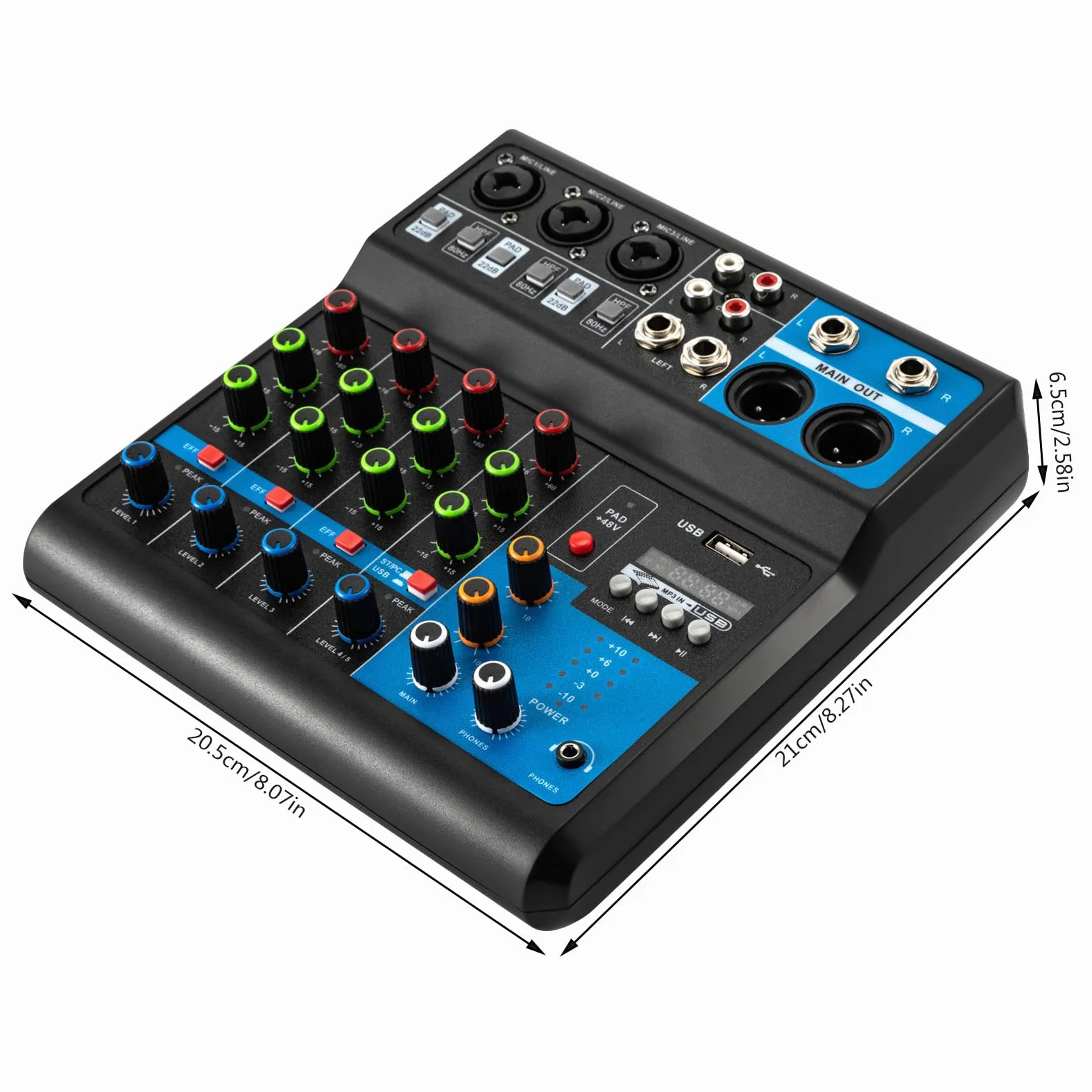 Table de mixage 5 canaux - Table de mixage DJ - Mixeur audio - Enregistreur et entrée micro USB - Port USB - Pour microphones, guitares, basses, claviers, mixeurs, instruments, etc