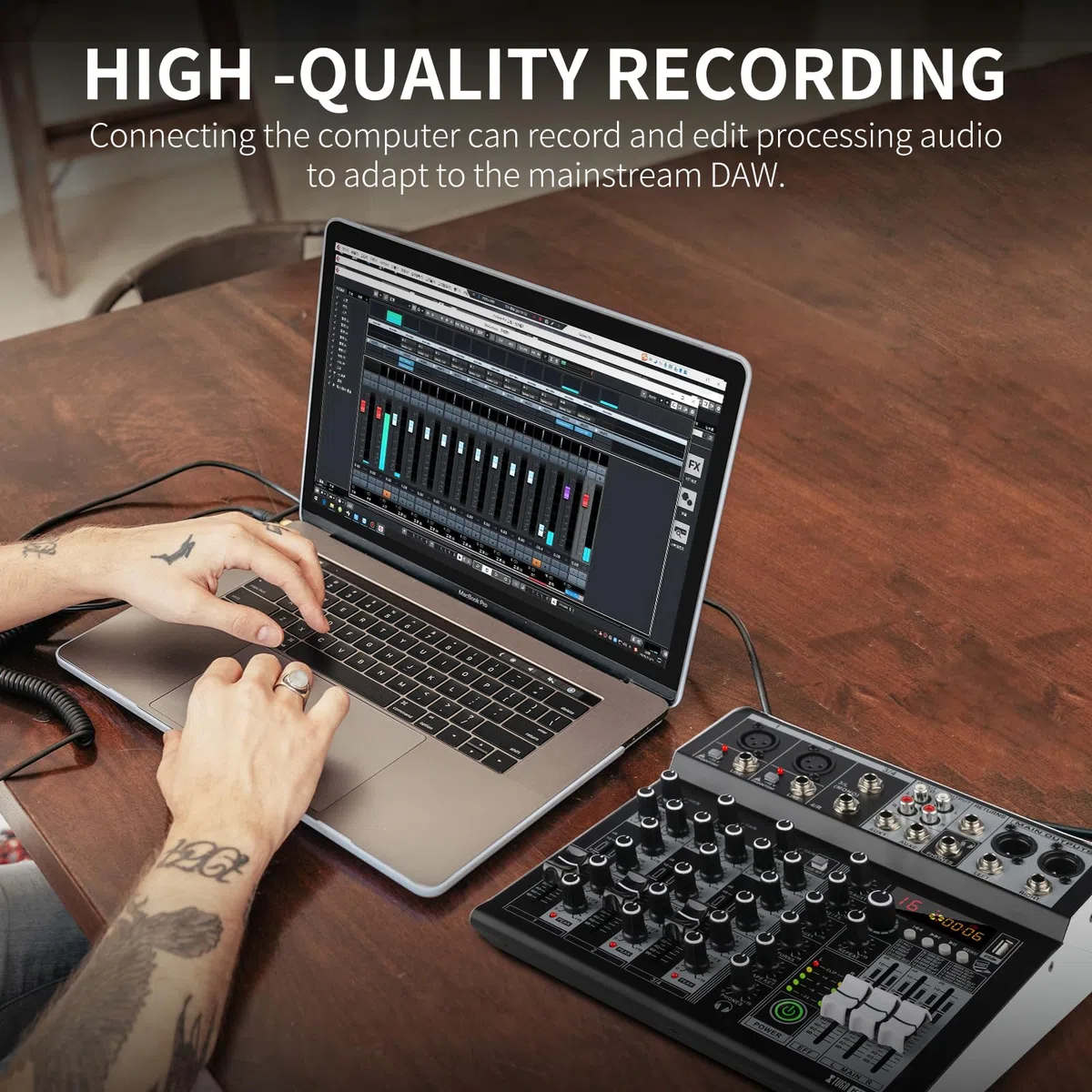 XTUGA Mélangeur Audio 4 Pistes Mélangeur audio Table de Mixage USB professionnel pour enregistrement sur ordinateur, mélangeur de studio avec alimentation fantôme 48 V, mélangeur DJ Bluetooth, KP4