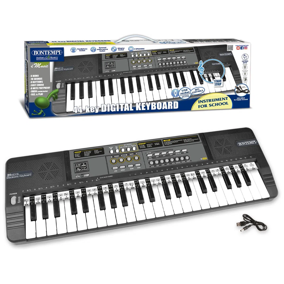 Bontempi | MelodyKey - Clavier à 44 touches avec pas moyen, connexion USB et options d’écoute personnelle, 555x180x60 mm