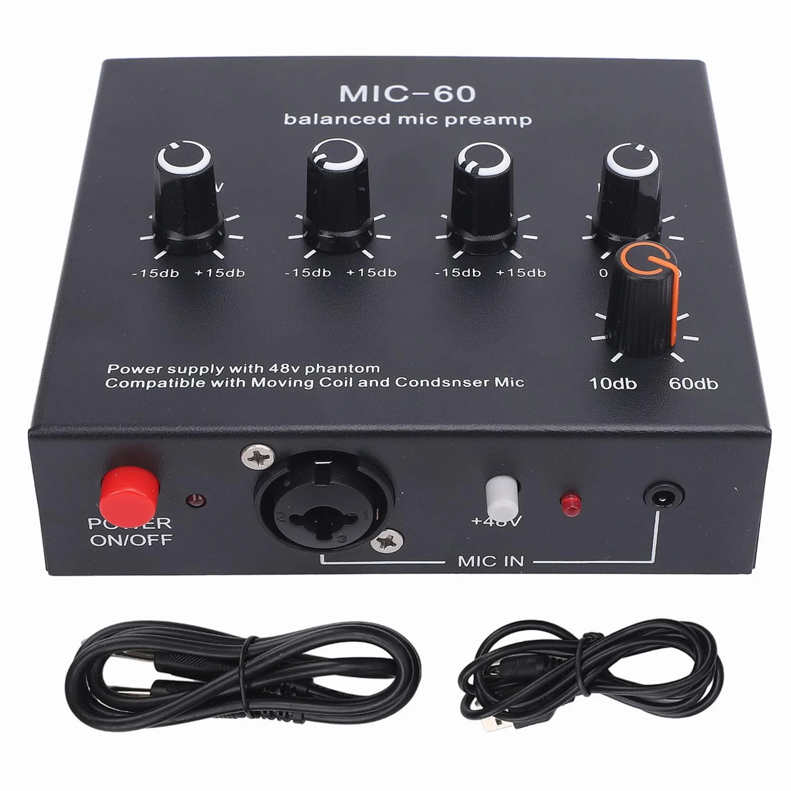 Préampli de Microphone équilibré, 10-60 DB Microphones Booster Mic Pre Amplificateur pour Enregistrer Le Streaming en Direct du Studio avec des Sorties D'entrées de 48 V XLR