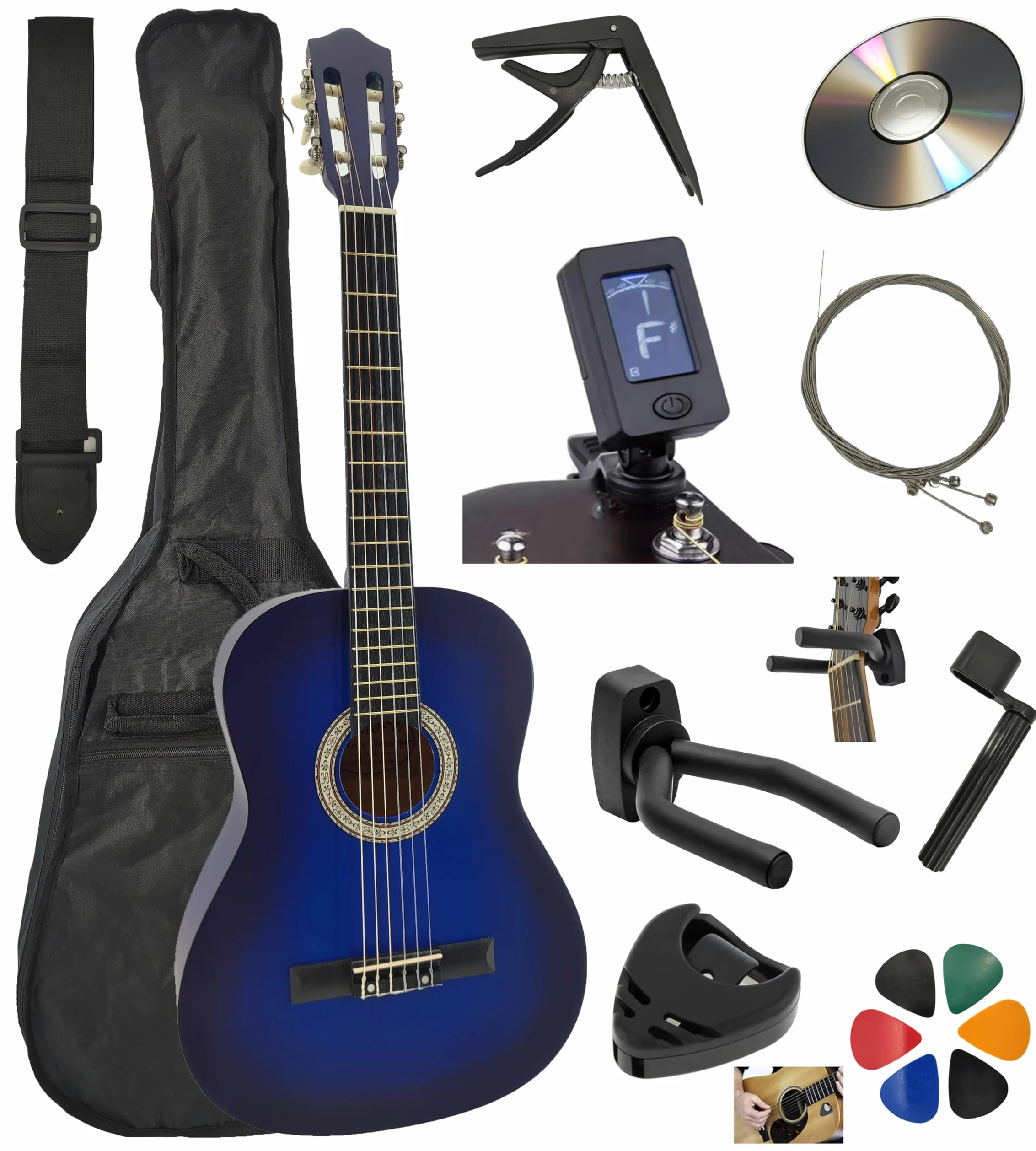 AMBRE Pack Guitare Classique 1/2 pour Gaucher (Enfant 6-9 ans) + 10 Accessoires (Housse, Support Mural, Accordeur, Sangle, Capodastre, Cordes, 6 Médiators) + Cours Vidéo & CD (Bleu, 1/2, Gauche)
