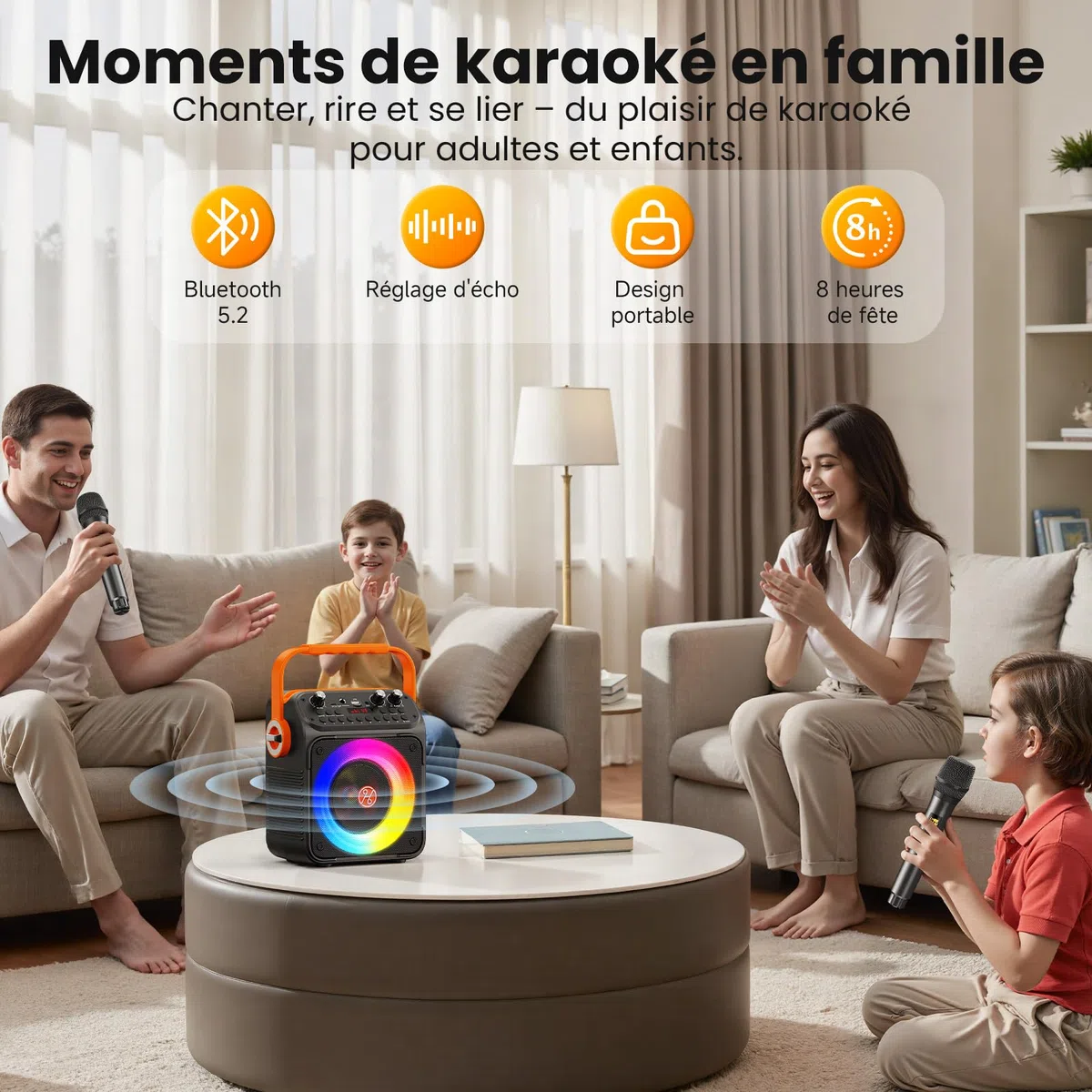 HWWR Enceinte Karaoke 2 Micro sans Fil, 60W Karaoke Professionnel pour Adultes et Enfants, Bluetooth 5.3 avec Préampli Enceinte Micro, Haut-Parleur de Fête Portable - Cadeau