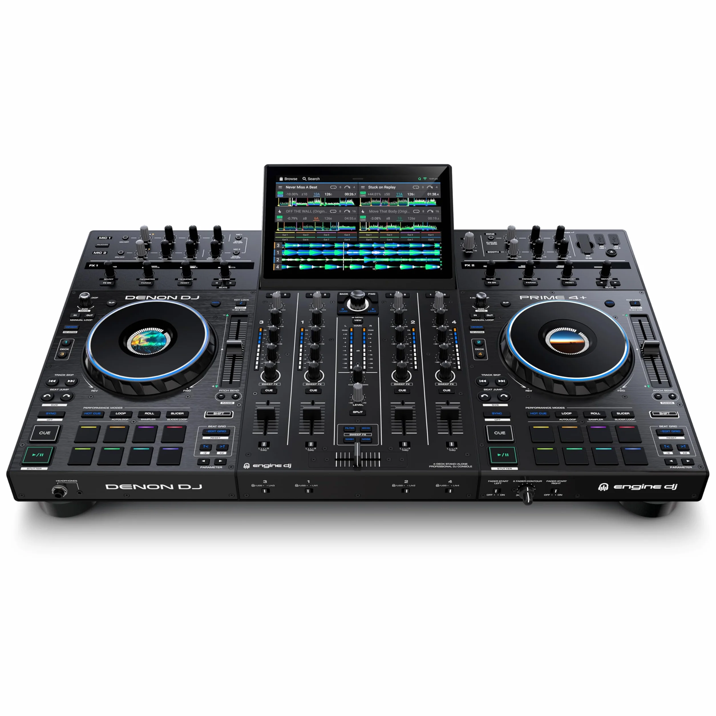 Denon DJ PRIME 4+ Contrôleur DJ Autonome avec Séparation Stem Sur 4 Platines, Streaming Wi-Fi, Drop Sampler, Écran Tactile 10.1", Contrôle Éclairage, Noir
