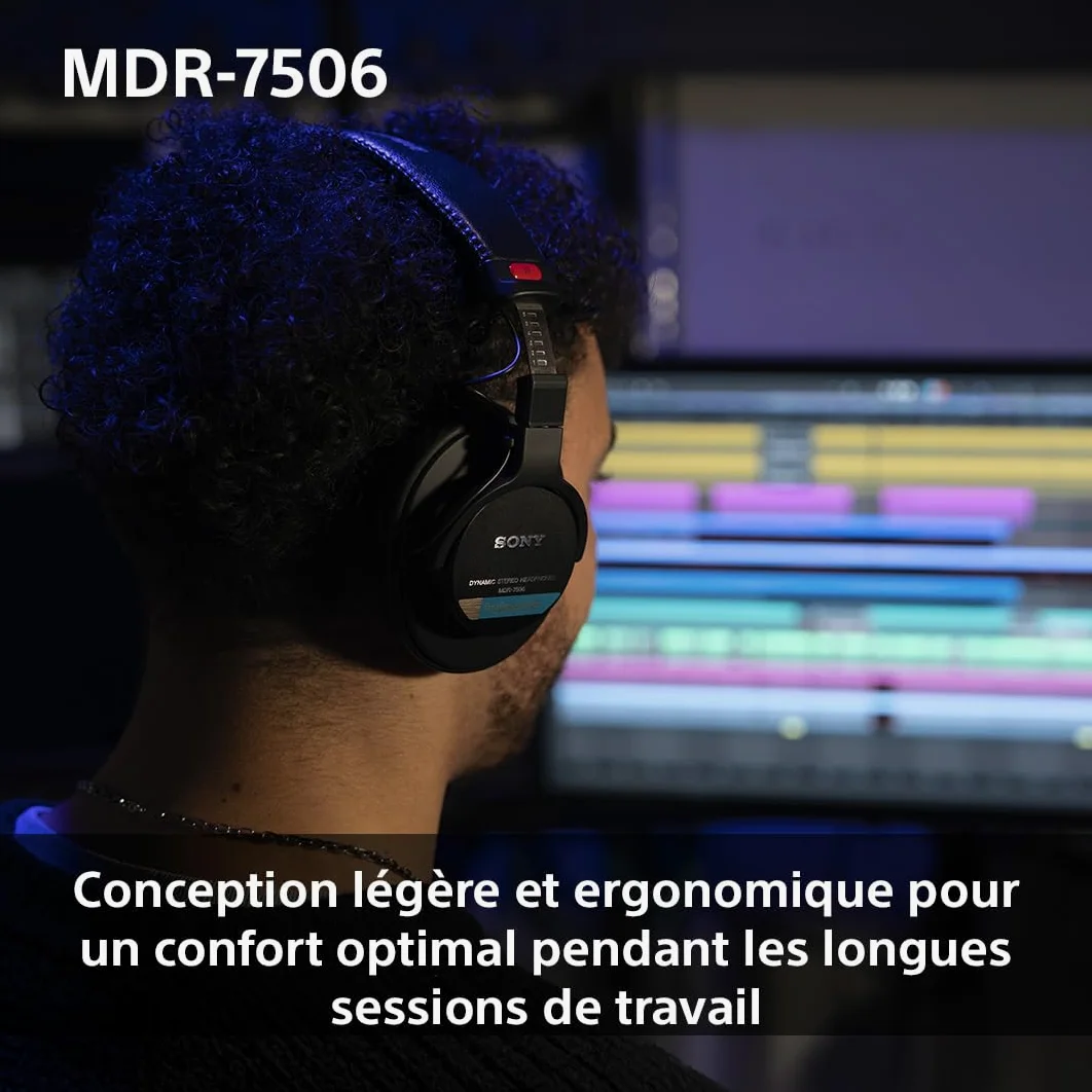 Sony MDR-7506, casque d'écoute studio fermé - filaire, gamme de fréquences 10Hz à 20kHz, idéal pour l'enregistrement et le mixage en studio, 63 Ohm, design léger et pliable (227g), noir