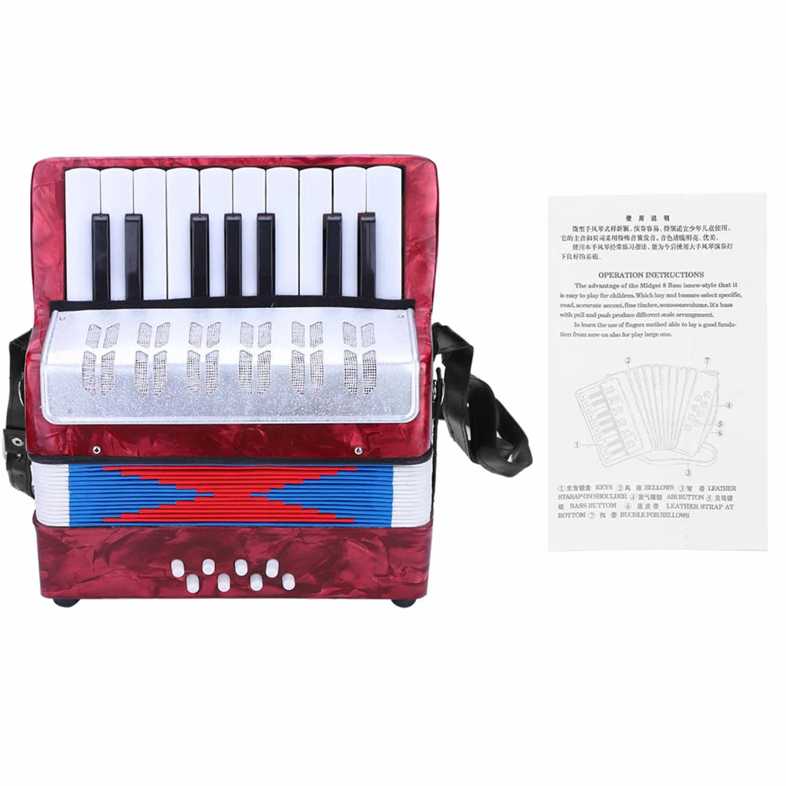 Concertina ABS 17 Touches 8 Basses avec Décor en Celluloïd, Instrument de Musique pour Débutants, Léger avec Sangle Réglable (rouge)