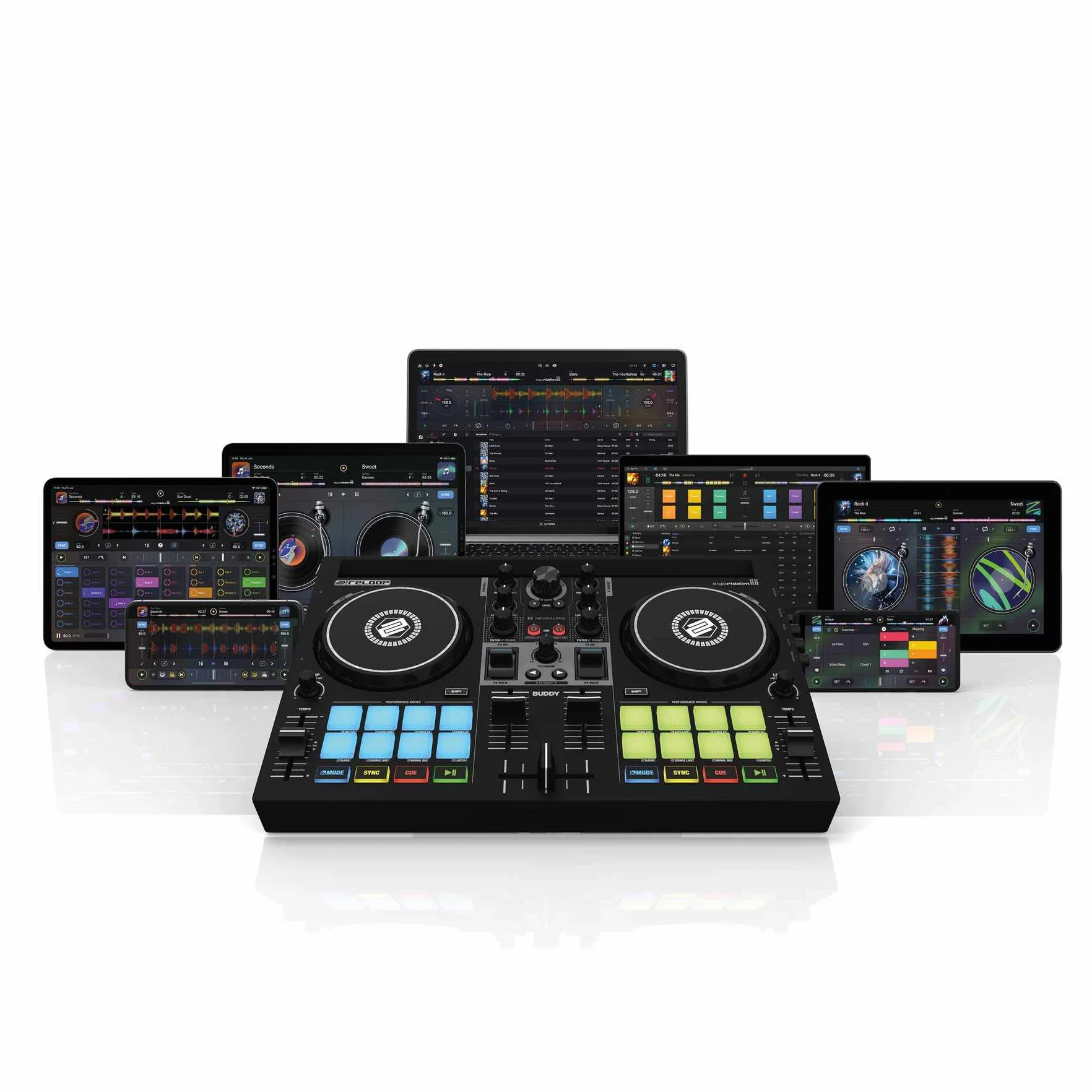 Reloop Buddy Contrôleur DJ compact à 2 canaux pour Algoriddim DJay sur iOS, iPadOS, Android, Mac et PC avec pads de performance RVB, palettes FX et commandes Neural Mix