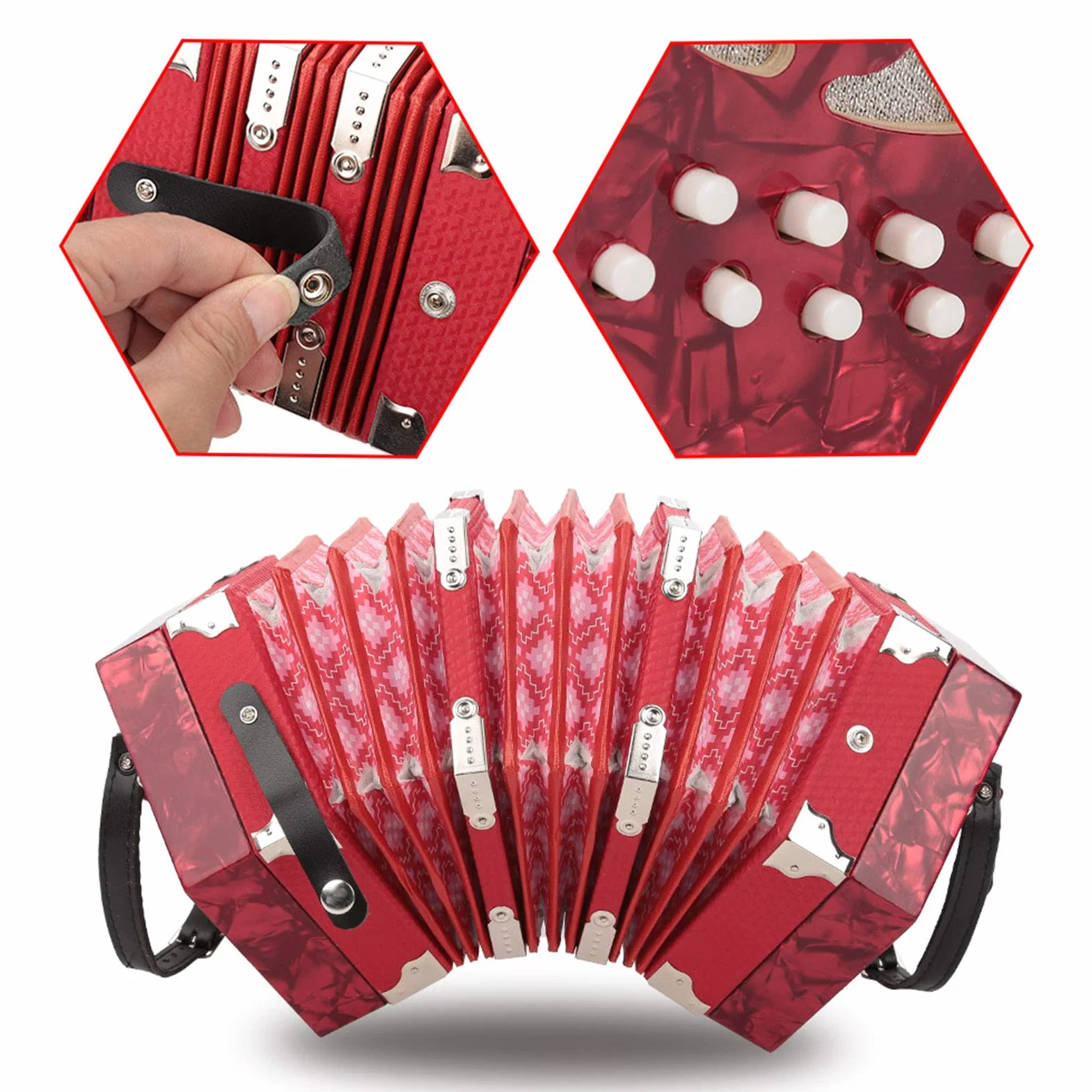 Accordéon à 20 Boutons en ABS Léger et Durable pour Enfants et Adultes avec Sangles Réglables et Sac Accessoire D'instrument de Musique pour Débutants (Rouge)