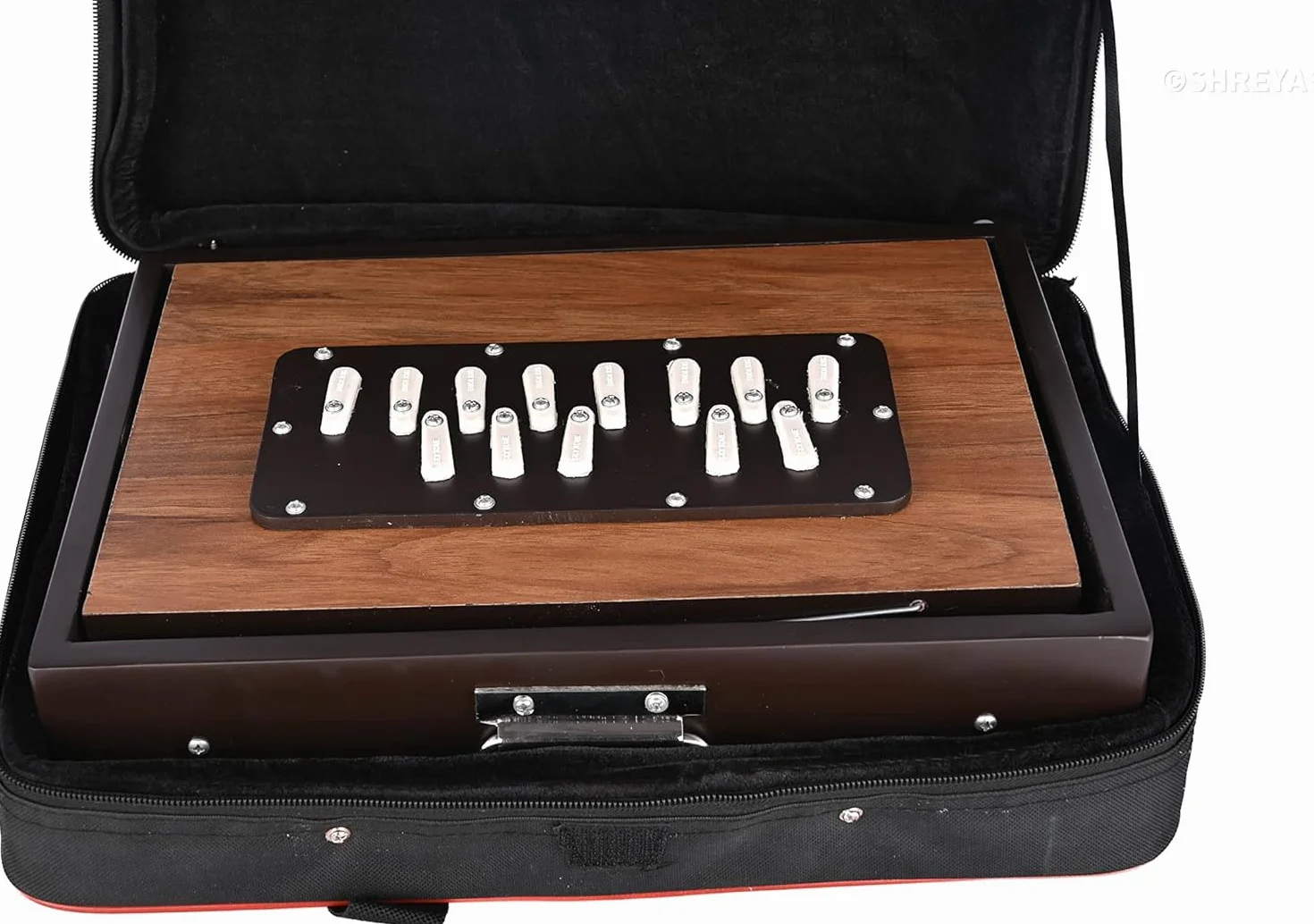 Shruti Box Instrument de musique, bois de teck pur, taille (33 x 30,5 x 7,6 cm), accordage 440 Hz, sac de transport, couleur naturelle, touche -C à C (tonalité inférieure - anche de
