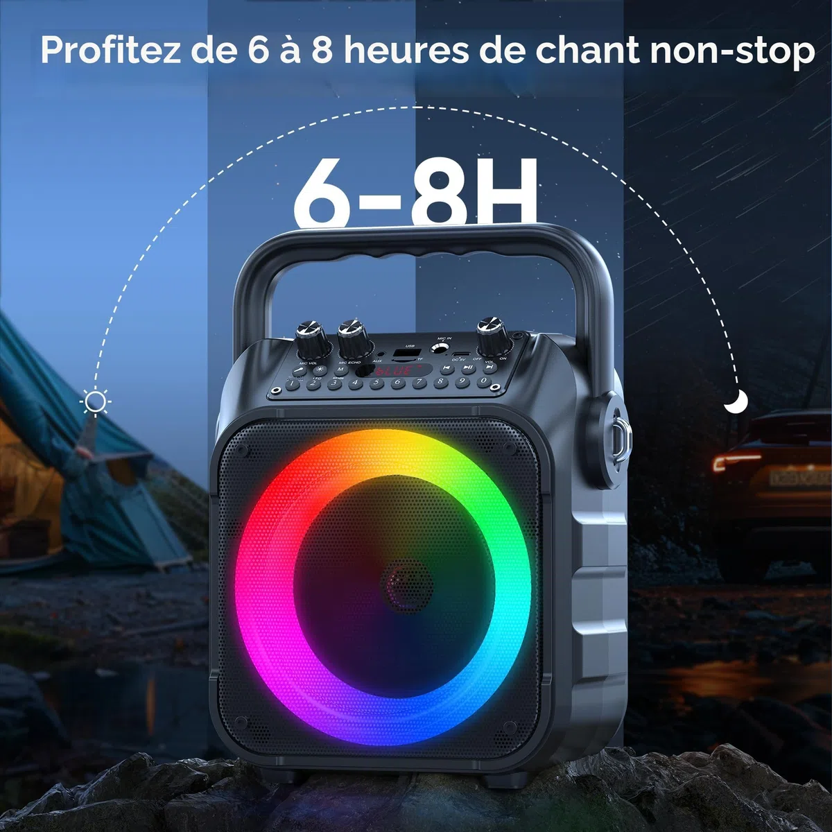 Karaoke Adulte, Haut-Parleur Bluetooth Portable Karaoke pour Adultes avec 2 Microphones sans Fil, Système PA pour Adultes et Enfants avec Lumières LED pour Les Fêtes (Noir)