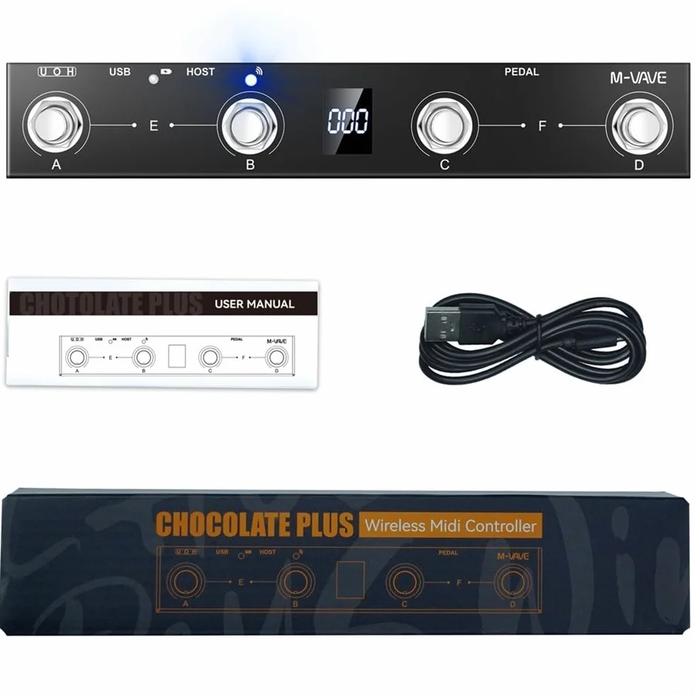 M-VAVE/Chocolate Plus Contrôleur MIDI/pédale avec 4 boutons programmables Construction en métal Connectivité USB Batterie rechargeable 12 heures de lecture pour musiciens interprètes (Noir)