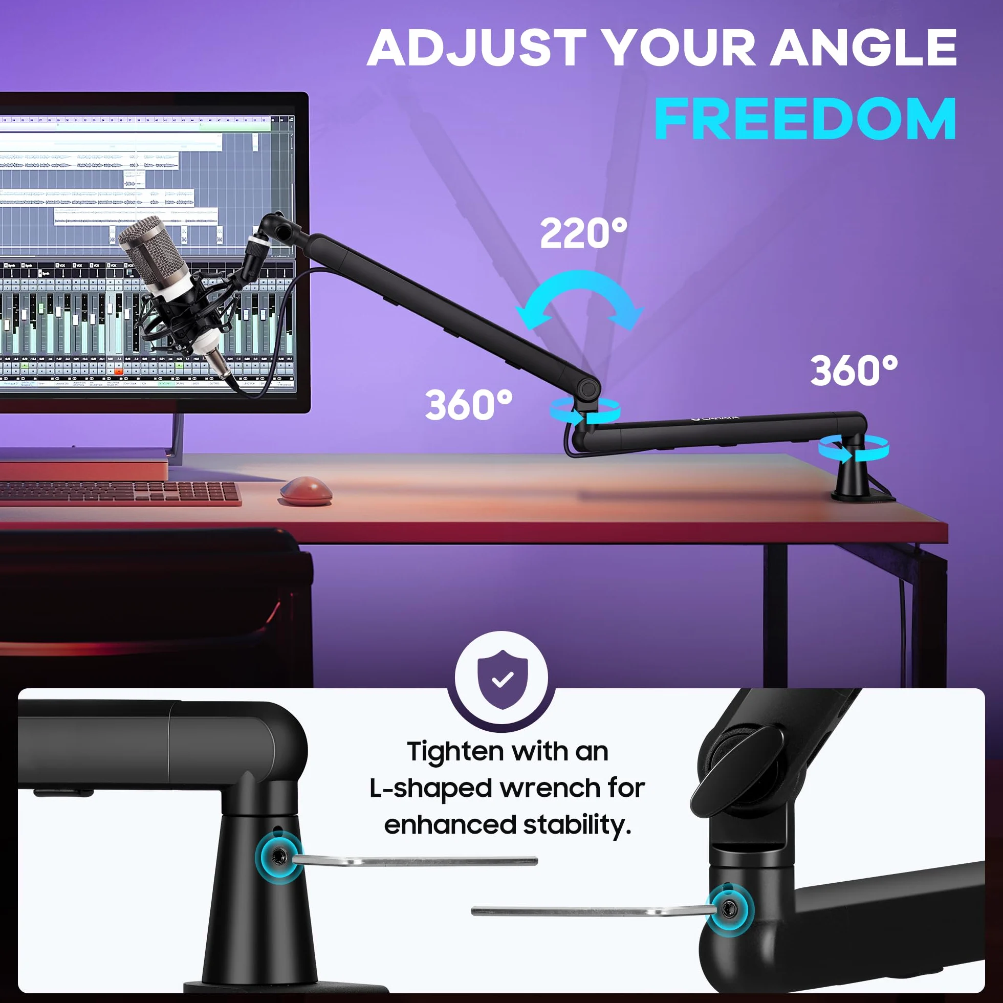CAHAYA Bras de Micro Professionnel Réglable: Perche Micro Low Profile avec Extension, Design Sous-Écran, Idéal pour Streaming & Enregistrement, Charge 2,5 kg
