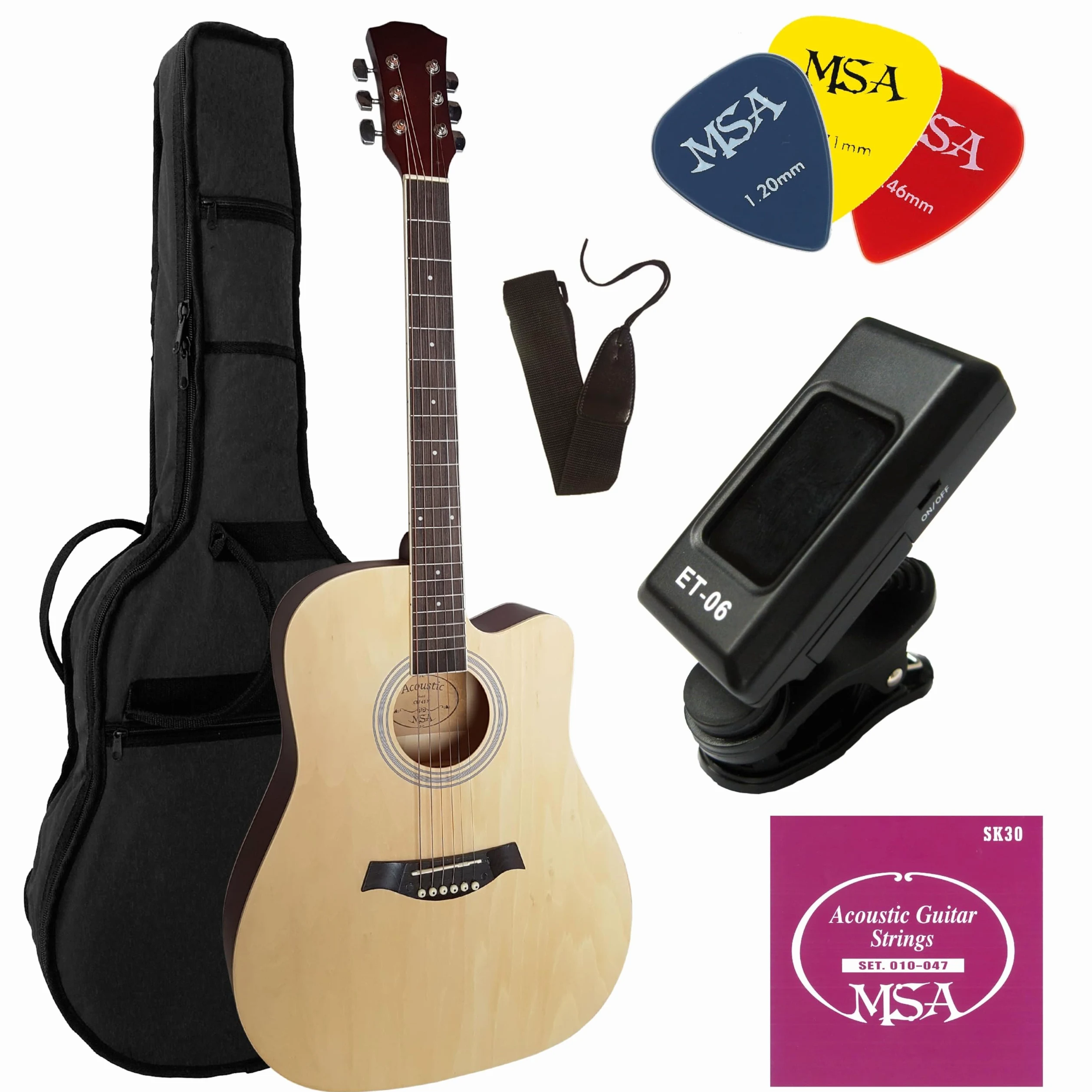 4/4 guitare acoustique adulte nature avec accessoire, set sac, cordes, plectre, accordeur