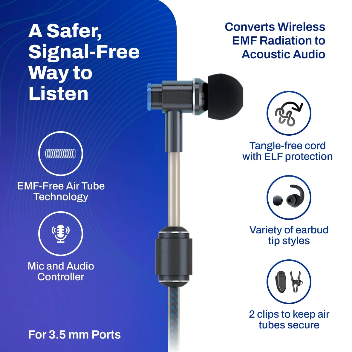 DefenderShield Casque sans EMF - Universel Anti-Radiation Air Tube Casque Filaire Stéréo avec Microphone et Contrôle du Volume - Fonctionne avec iPhone