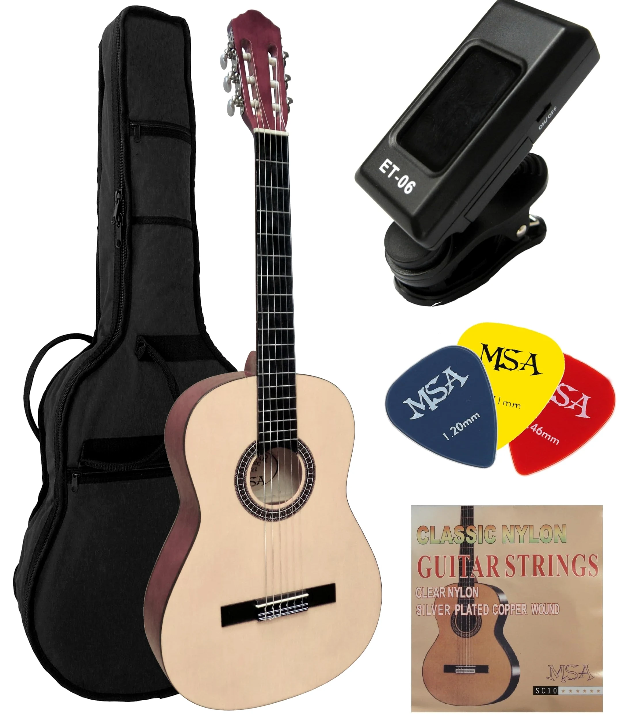 4/4 guitare classique nature avec accessoire, set sac, cordes, plectre, accordeur