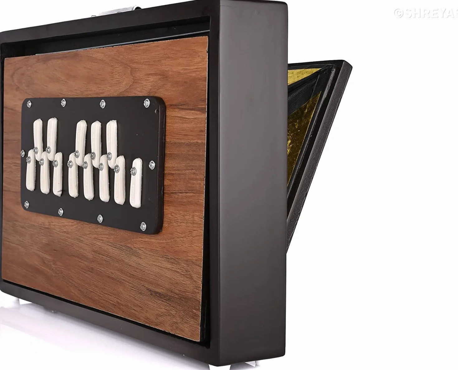 Shruti Box Instrument de musique, bois de teck pur, taille (33 x 30,5 x 7,6 cm), accordage 440 Hz, sac de transport, couleur naturelle, touche -C à C (tonalité inférieure - anche de