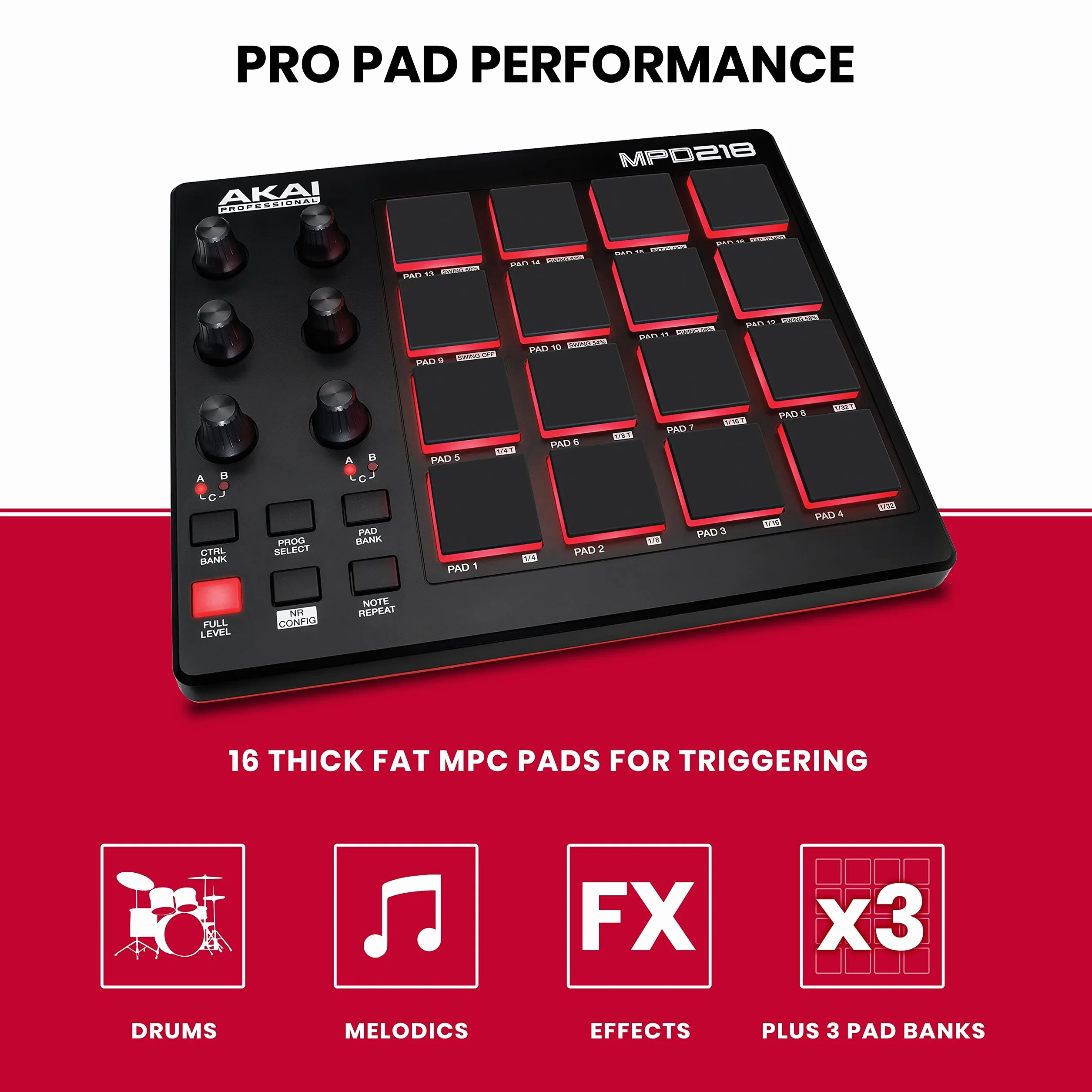 Akai Professional MPD218 - Contrôleur de Pad MIDI/Machine à Pads de Batterie avec 16 Pads, Commandes Assignables, Logiciel de Production Inclus