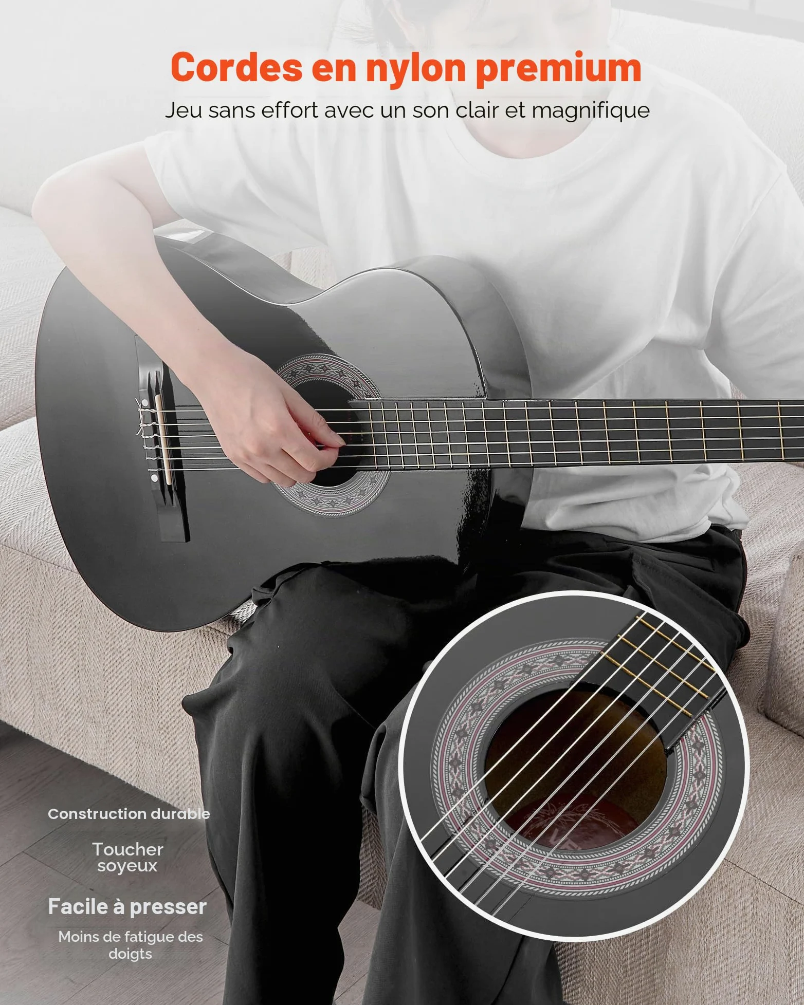 VEVOR Guitare Classique Débutants, 96 cm, avec Cordes Nylon, Housse de Transport, Sangle, Accordeur, Cordes Supplémentaires, Médiators, Capodastre, en Tilleul, pour Adolescent, Adulte, Étudiant, Noir