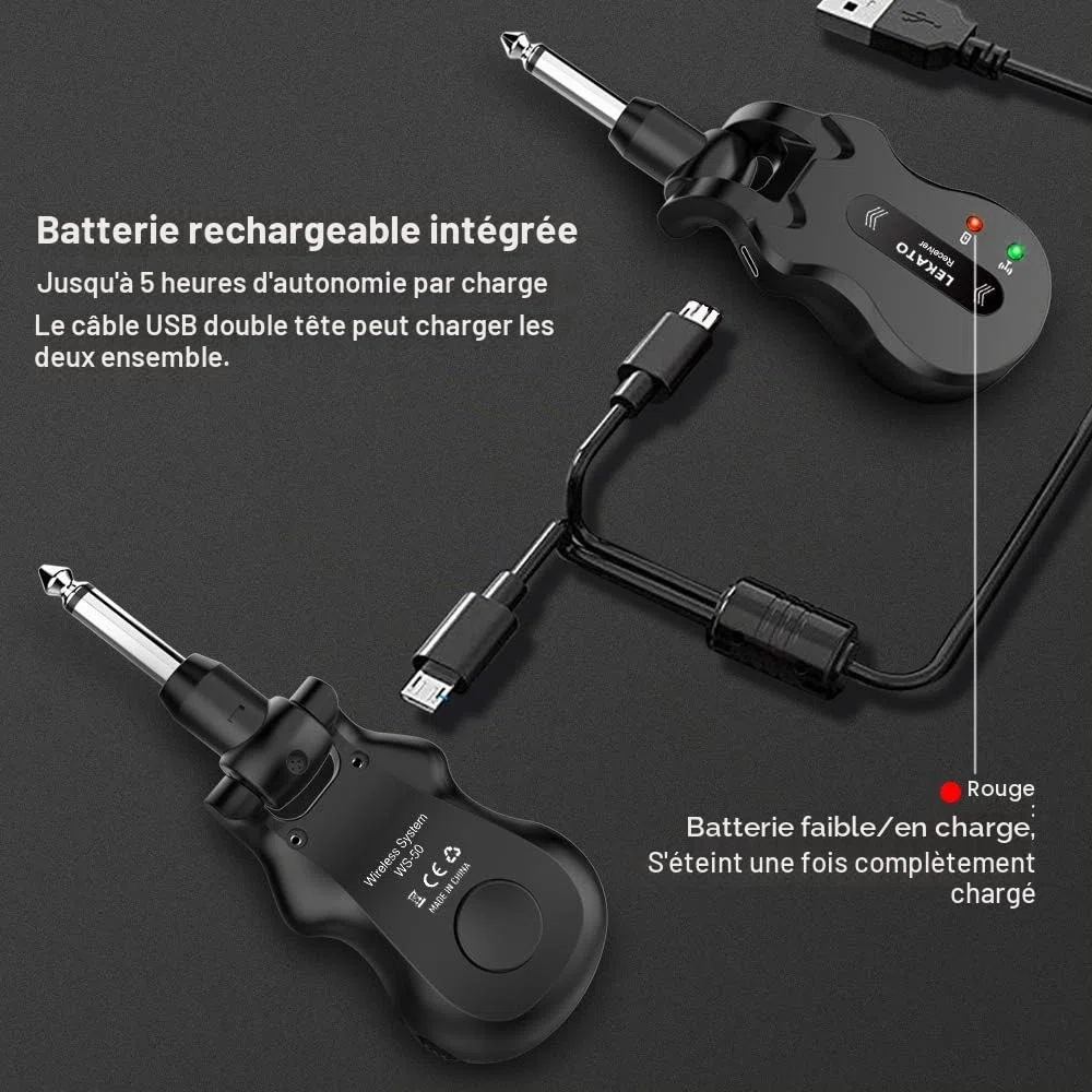 LEKATO 5.8Ghz Guitare Transmetteur sans fil Récepteur Système de guitare sans fil Rechargeable Audio numérique Système de basse Guitare sans fil (Noir)