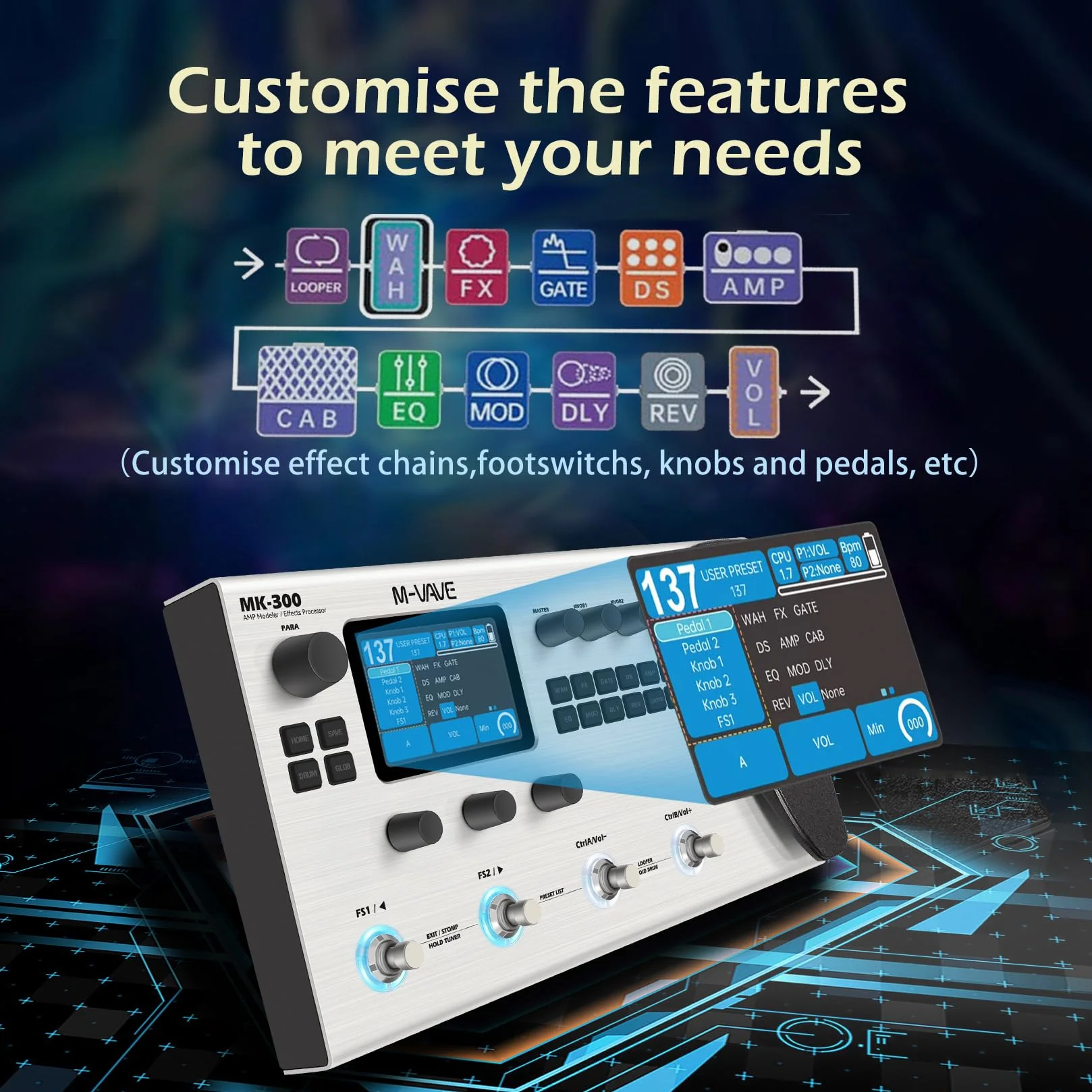 M-Vave MK-300 - Processeur multi-effets pour guitare et basse, 11 modules, plus de 320 effets, 120 amplis, chargeur IR, looper, boîte à rythmes, carte son BT et USB