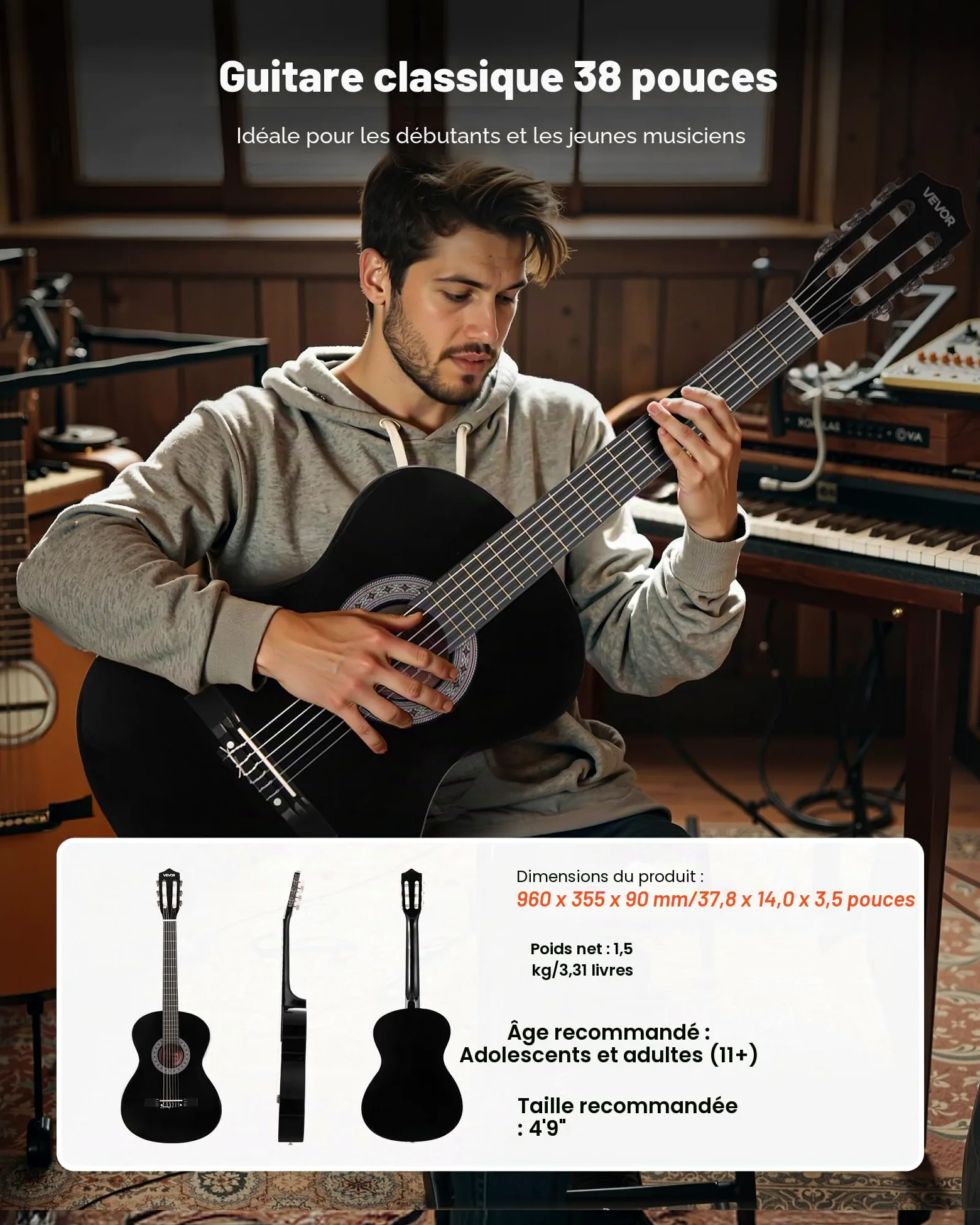 VEVOR Guitare Classique Débutants, 96 cm, avec Cordes Nylon, Housse de Transport, Sangle, Accordeur, Cordes Supplémentaires, Médiators, Capodastre, en Tilleul, pour Adolescent, Adulte, Étudiant, Noir