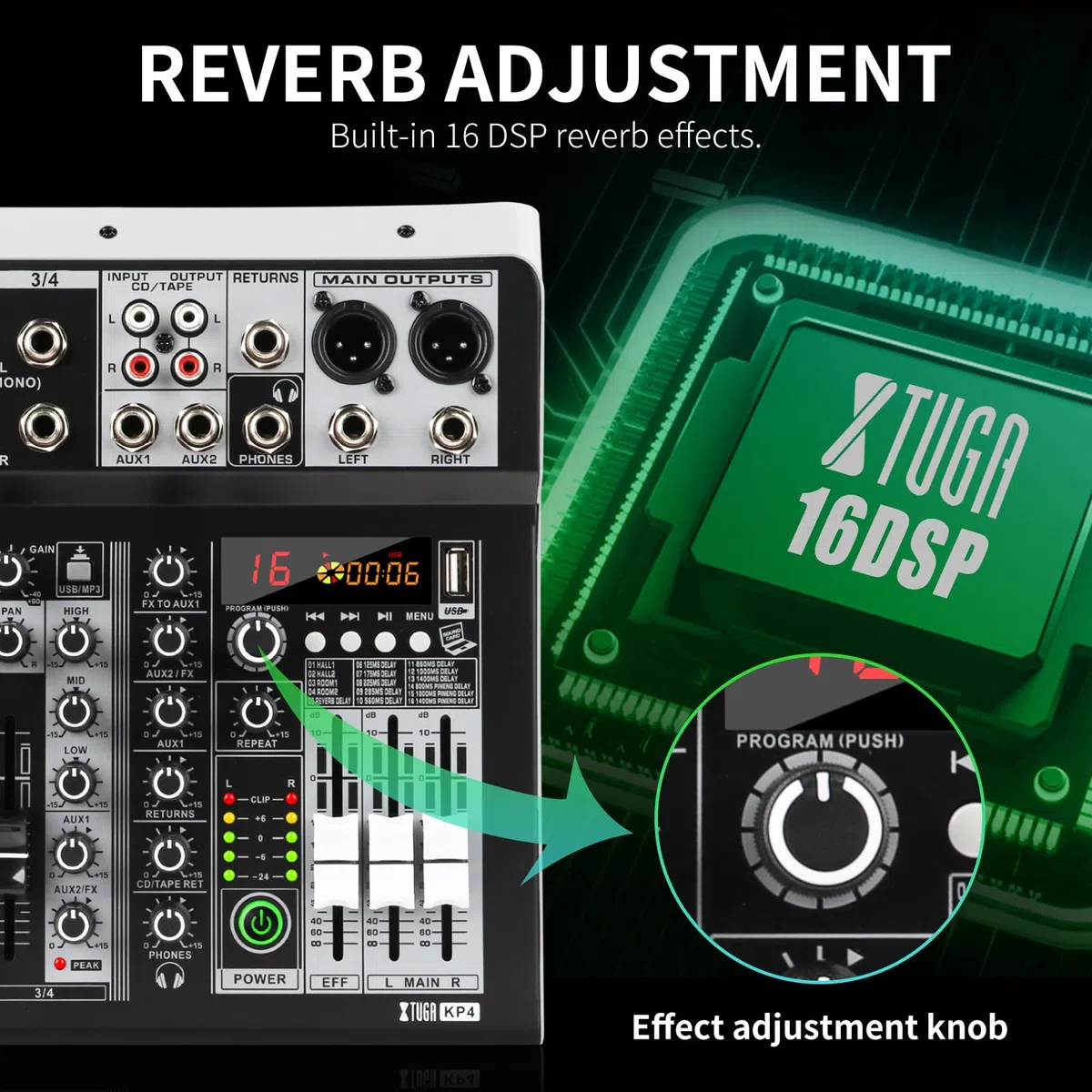XTUGA Mélangeur Audio 4 Pistes Mélangeur audio Table de Mixage USB professionnel pour enregistrement sur ordinateur, mélangeur de studio avec alimentation fantôme 48 V, mélangeur DJ Bluetooth, KP4