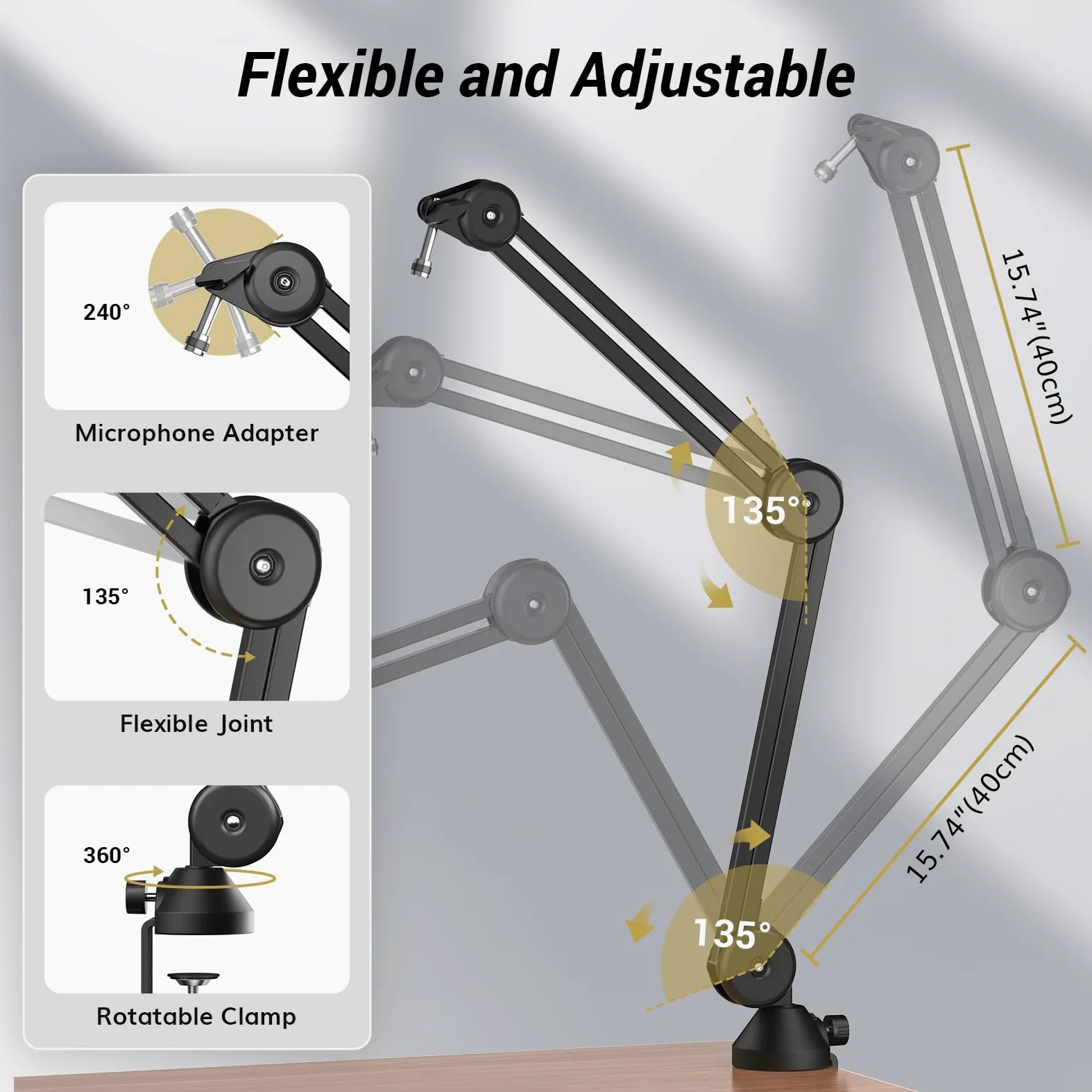 TONOR Micro Boom Arm, Bras de Perche avec élévateur pour Razer, Entièrement Réglable, Parfait pour les Podcasts, le Streaming, les Jeux, le Bureau à Domicile, 40 cm +40 cm, T40