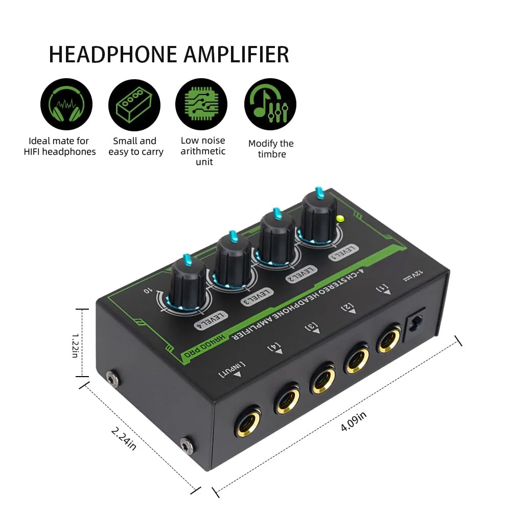Btuty Amplificateur Pour Casque Stéréo à 4 Canaux Mini Amplificateur Audio avec Adaptateur D'alimentation DC 12 V Interface D'entrée/Sortie De 6,35 MM Splitter