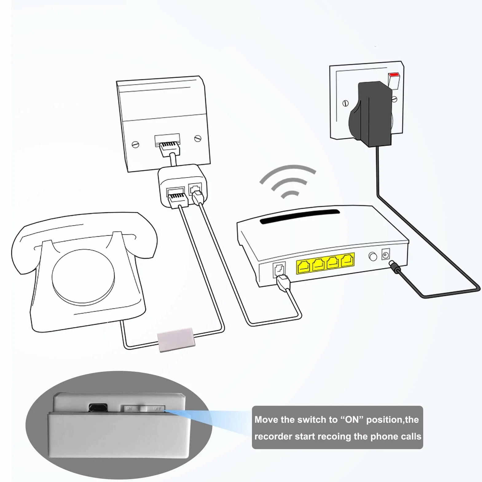 Enregistreur de téléphone, mini enregistreur vocal audio pour téléphone avec mémoire de 32 Go, enregistrement en boucle interface Rj11 enregistreur d'appels téléphoniques fixes pour la maison et le