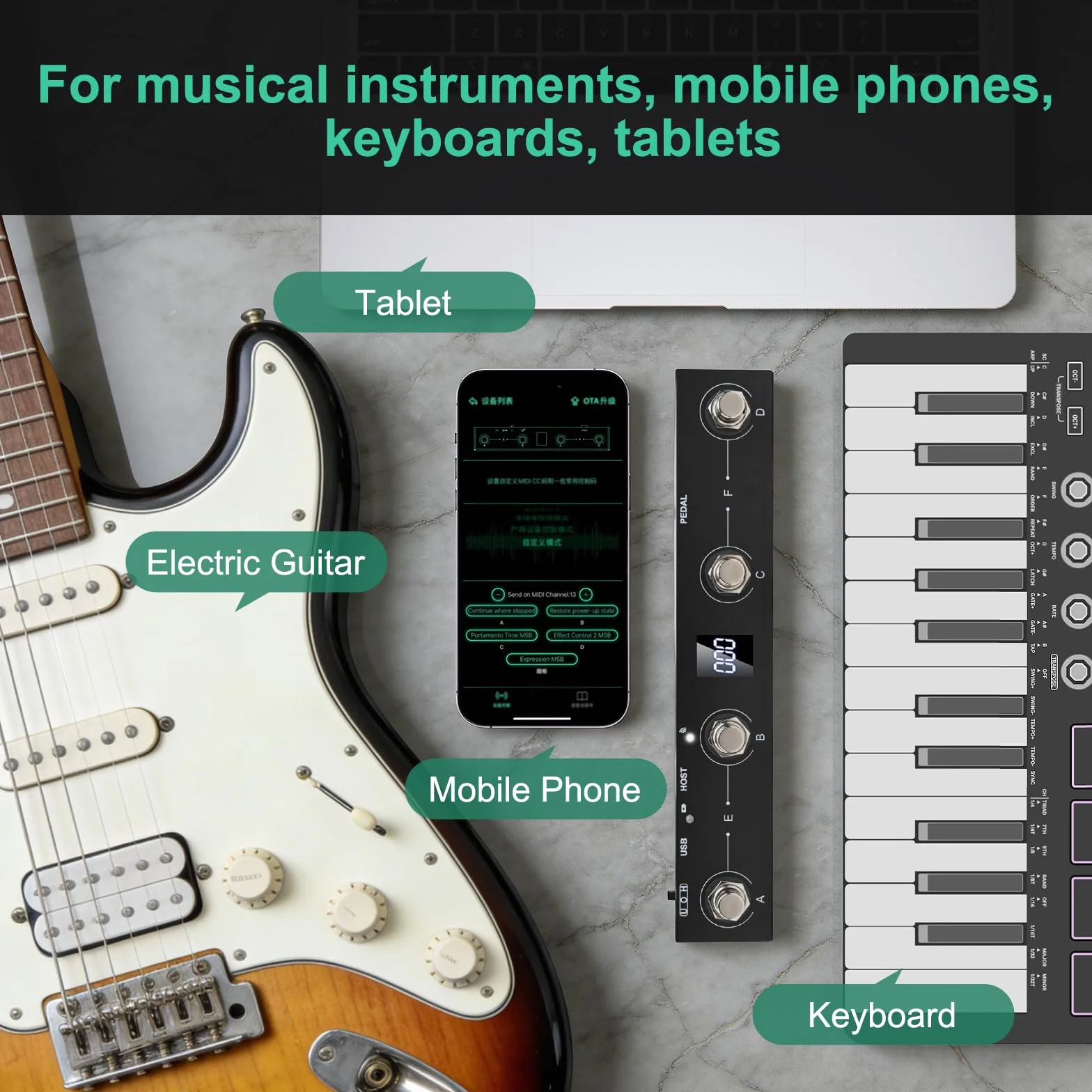 M-VAVE/Chocolate Plus Contrôleur MIDI/pédale avec 4 boutons programmables Construction en métal Connectivité USB Batterie rechargeable 12 heures de lecture pour musiciens interprètes (Noir)