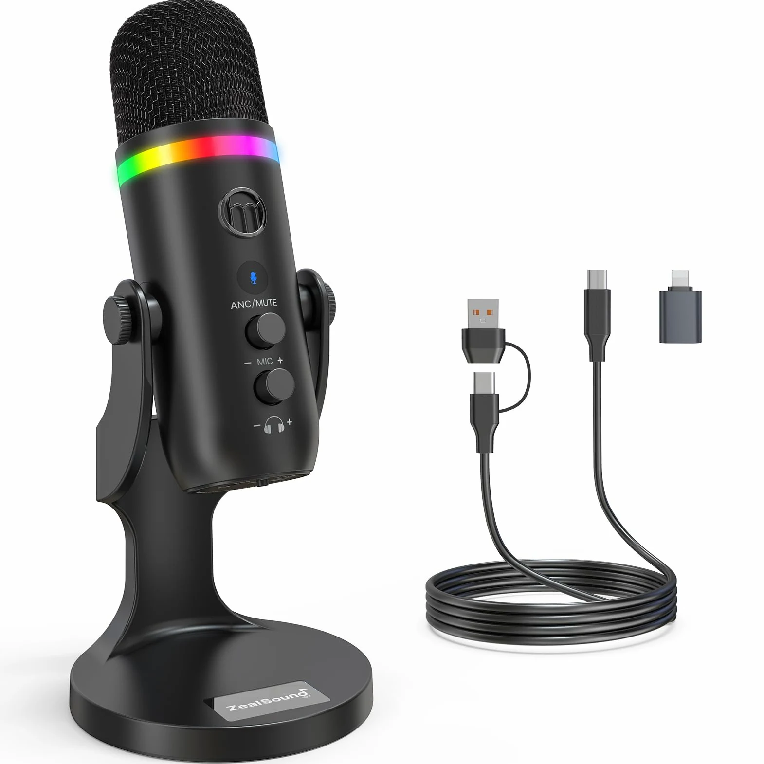 zealsound Microphone USB à Condensateur, Podcast Micro pour PC et Téléphone avec Réduction de Bruit, Mute & Contrôle du Gain, Plug & Play pour Gaming, Streaming, Enregistrement, Zoom, ASMR-K66 Pro