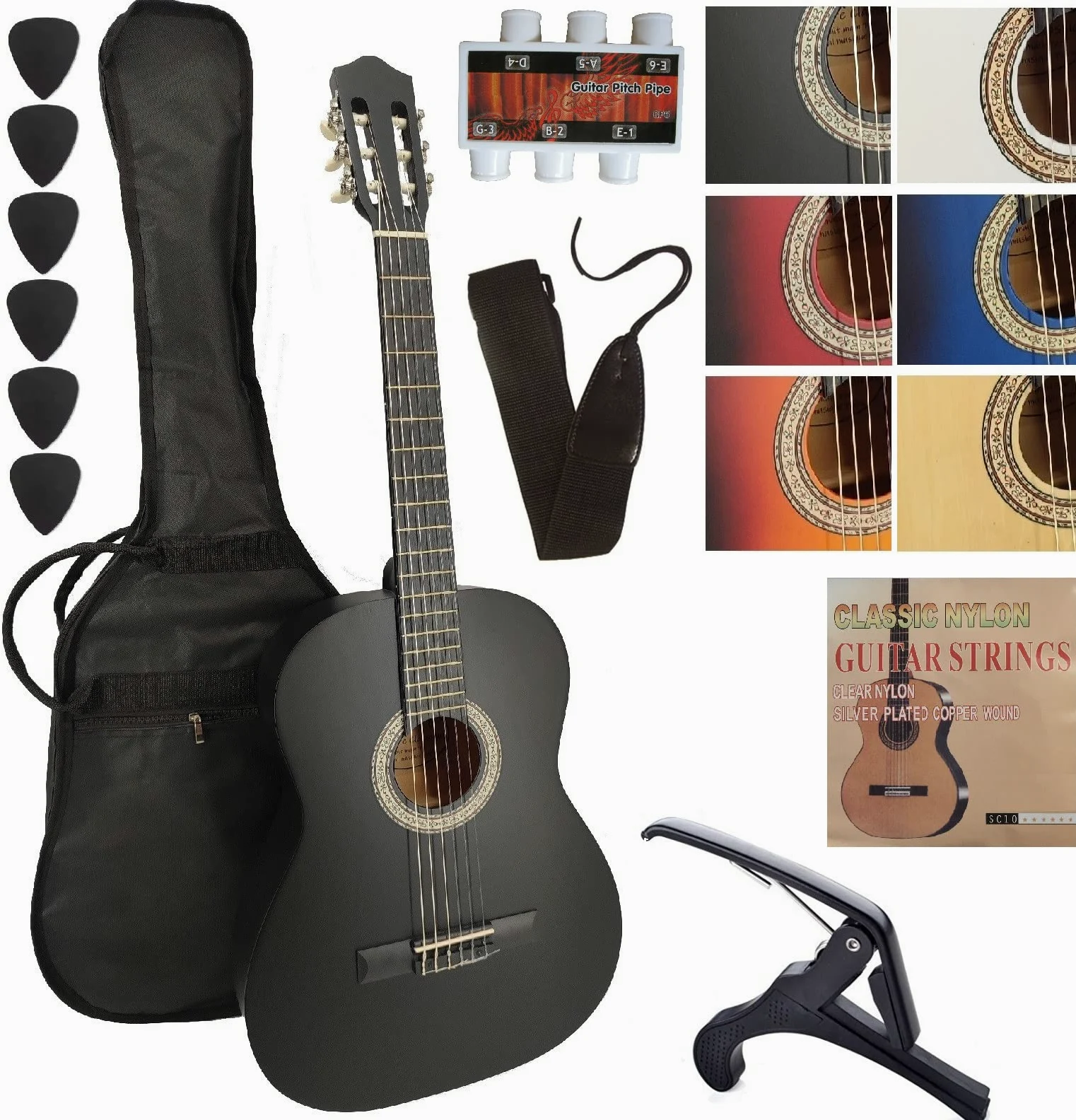 Pack Guitare Classique pour GAUCHER 4/4 (Adulte) Avec 6 Accessoires ~ Neuve & Garantie (Noir)