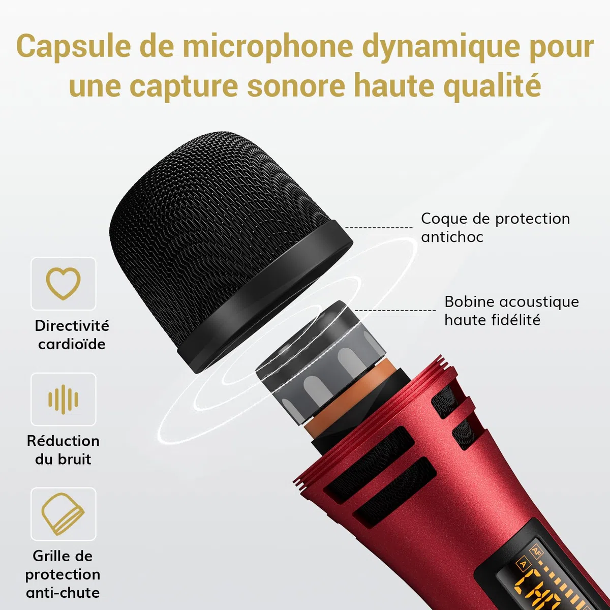 TONOR Micro Karaoke sans Fil, UHF Microphone Systèmes Dynamique Chant Portable à Main Double avec Récepteur pour Karaoké/Fête/Discours/Mariage/DJ Spectacles/Église/Conférences, 60M, Gris&Rouge,TW350