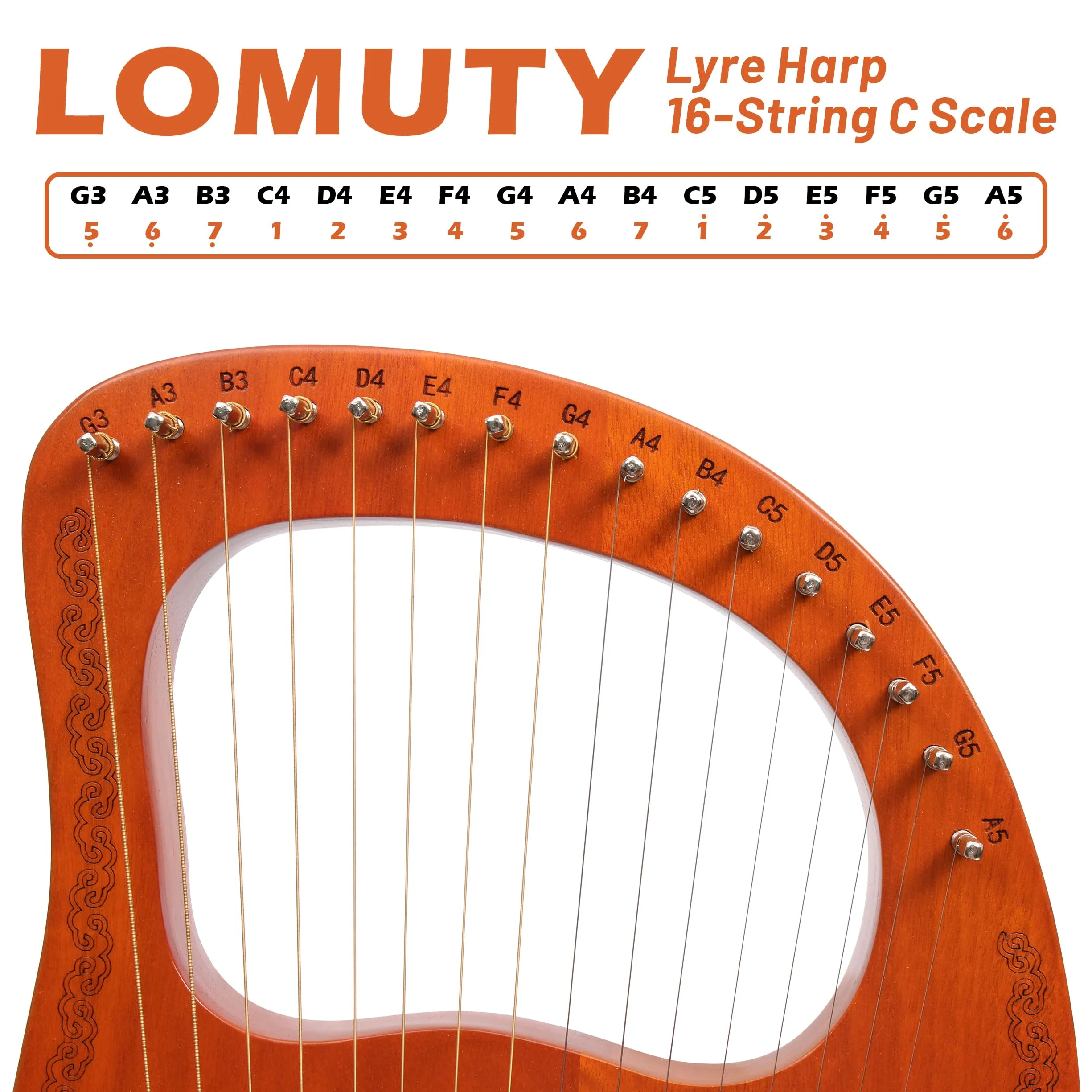 Lyre Harpe 16 Cordes Métalliques en Acajou Petite Harpe Portable Harpe Lyre Métal Selle avec Clé de Réglage et Housse Noire, Marron, Motif d'élan