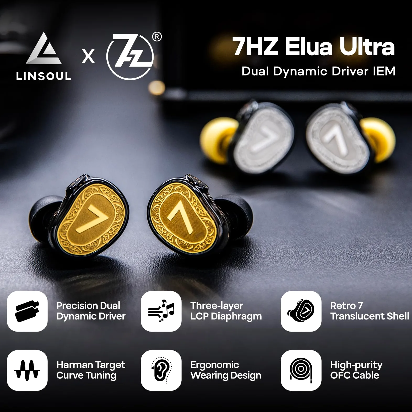 Linsoul 7Hz Elua Ultra Moniteur Intra-auriculaire, Écouteur à Double Pilote Dynamique, HiFi Filaires IEM avec câble OFC Haute pureté pour Musiciens audiophiles (Argent)