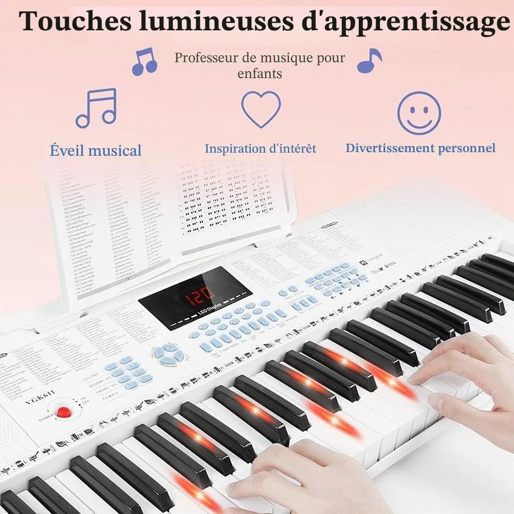Vangoa Clavier de Piano 61 Lumineuses Mini touches Clavier électronique Piano avec microphone, 3 modes d'enseignement, 350 sons, 350 rythmes, 30 démos, Blanc