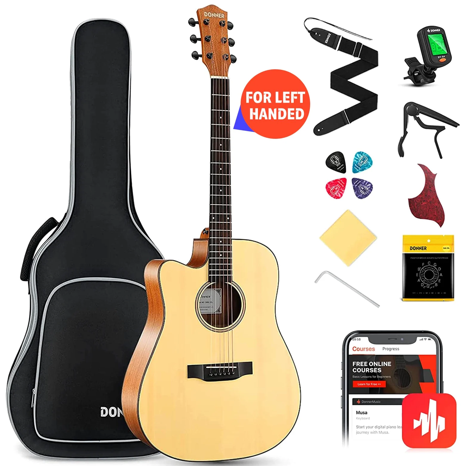 Donner Guitare Acoustique Gaucher 4/4 Adultes Guitare Folk Debutant Cutaway 6 Cordes en Epicéa et Acajou Avec Housse Tuner Capo(DAG-1CL)
