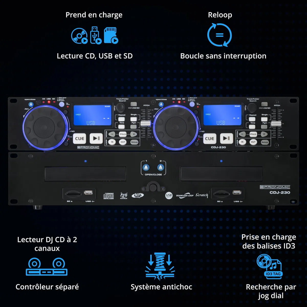 Pronomic CDJ-230 Double Lecteur CD DJ - Lecteur CD MP3 2 canaux avec contrôleur séparé, USB et SD, Pitch Bender, Effets DSP, Seamless Loop, Format Rack 19 Pouces, Noir
