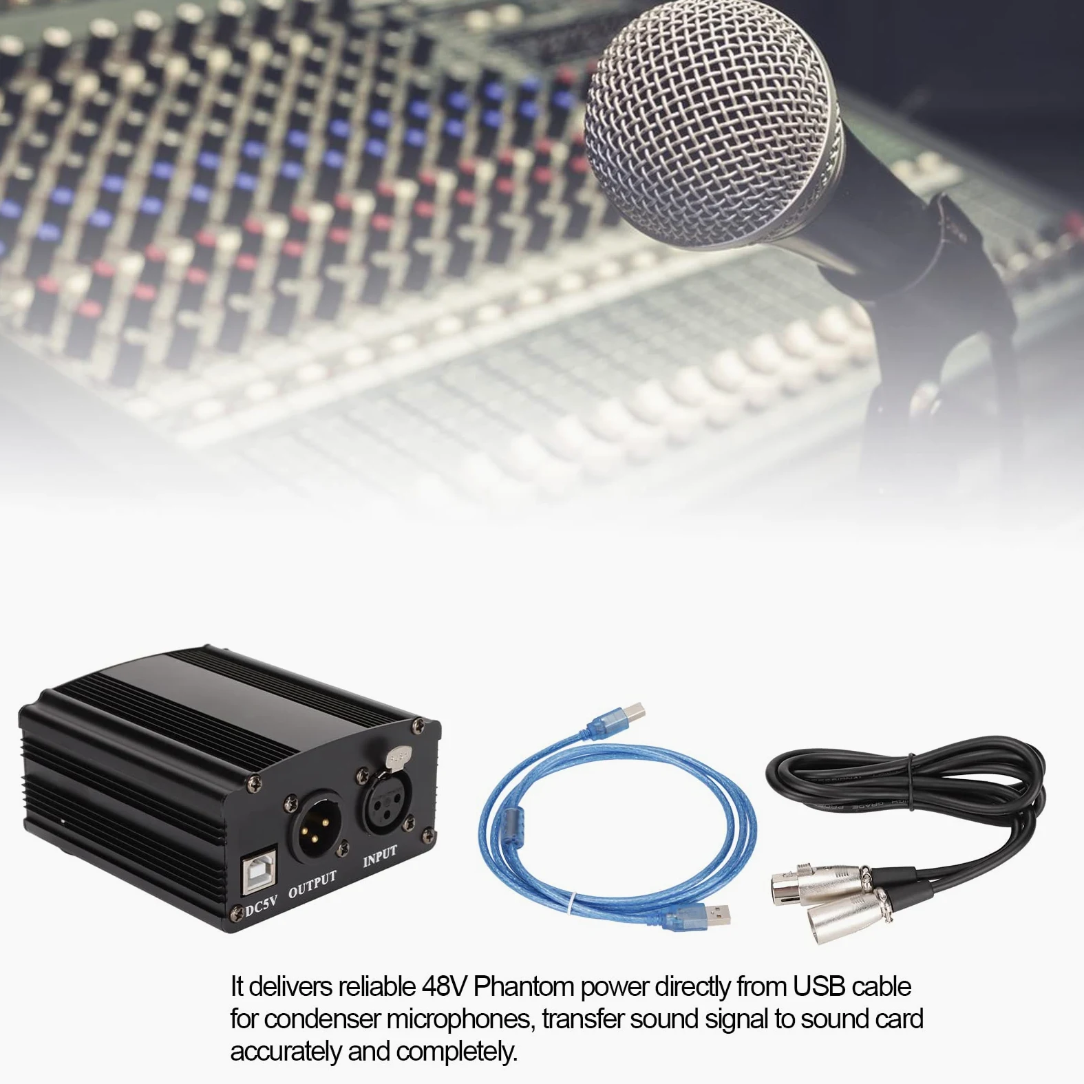 Bewinner Alimentation Fantôme 48 V, Alimentation Fantôme pour Microphone à Fonctionnement Facile, Alimentation Micro à Condensateur 1 Canal avec Câble XLR 3 Broches et Câble USB.