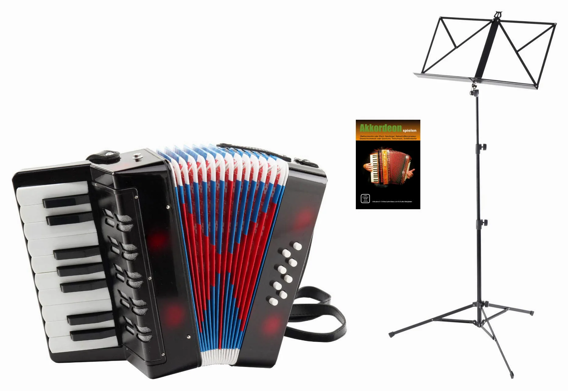 Classic Cantabile Bambino Set d’Accordéon Enfant (accordéon enfant 8 basses avec 17 notes, sac & sangle d’épaule incl. pupitre & école) Noir