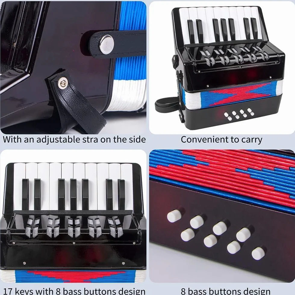 Accordeon Enfant，Accordeon，Accordéon Piano 17 Touches 8 Basses Instrument de Musique Avec Sangle en Cuir Rétractable，Convient aux Débutants, Aux Adultes Ou Aux Étudiants Instruments Éducatifs, Cadeaux