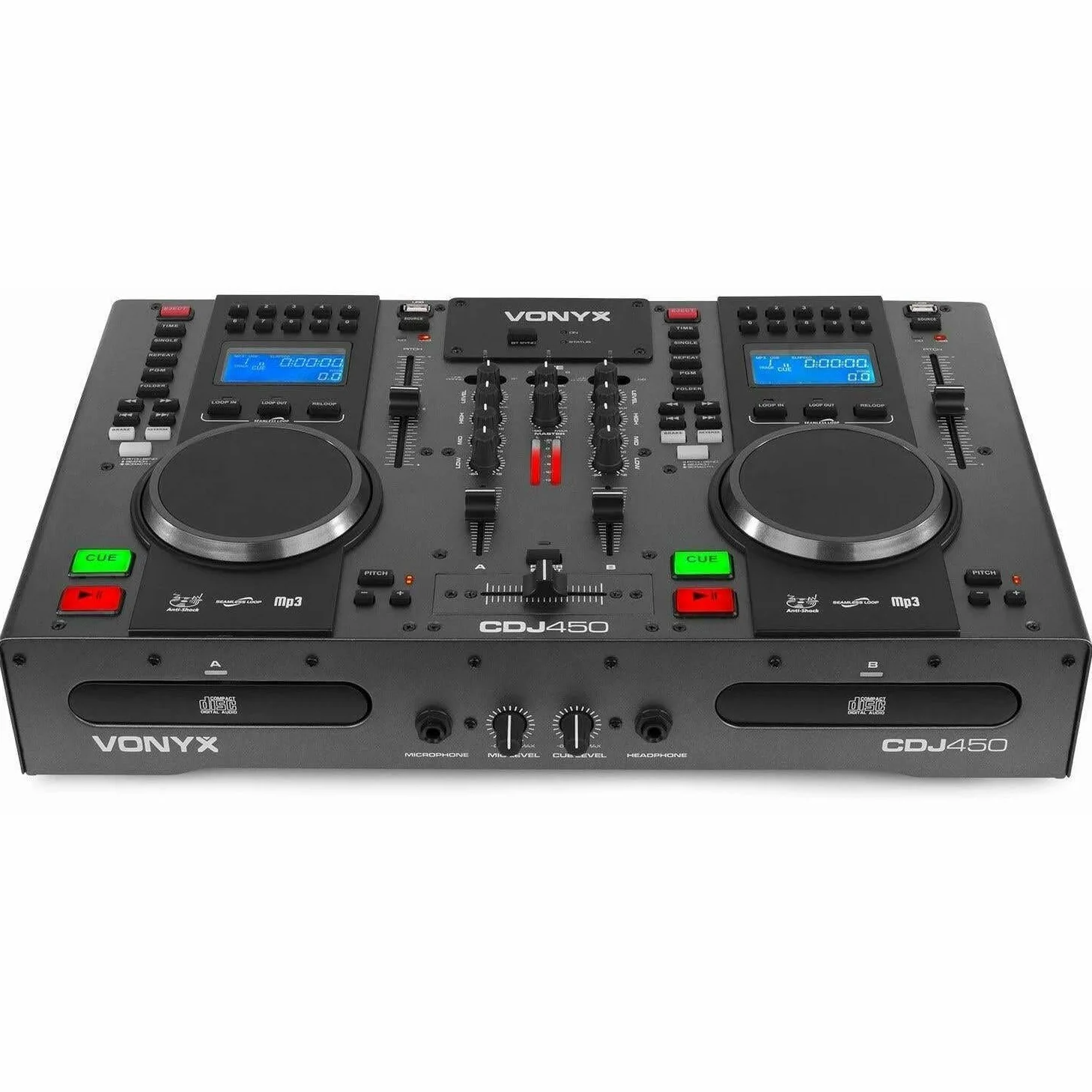 Vonyx CDJ450 - Double Lecteur CD/MP3/USB/Mixeur avec Bluetooth, 2 Canaux, Fonctionnalité Auto-Cue, Molettes Intégrées, Sorties Master et Record, Parfait pour DJ Amateurs ou Professionnels